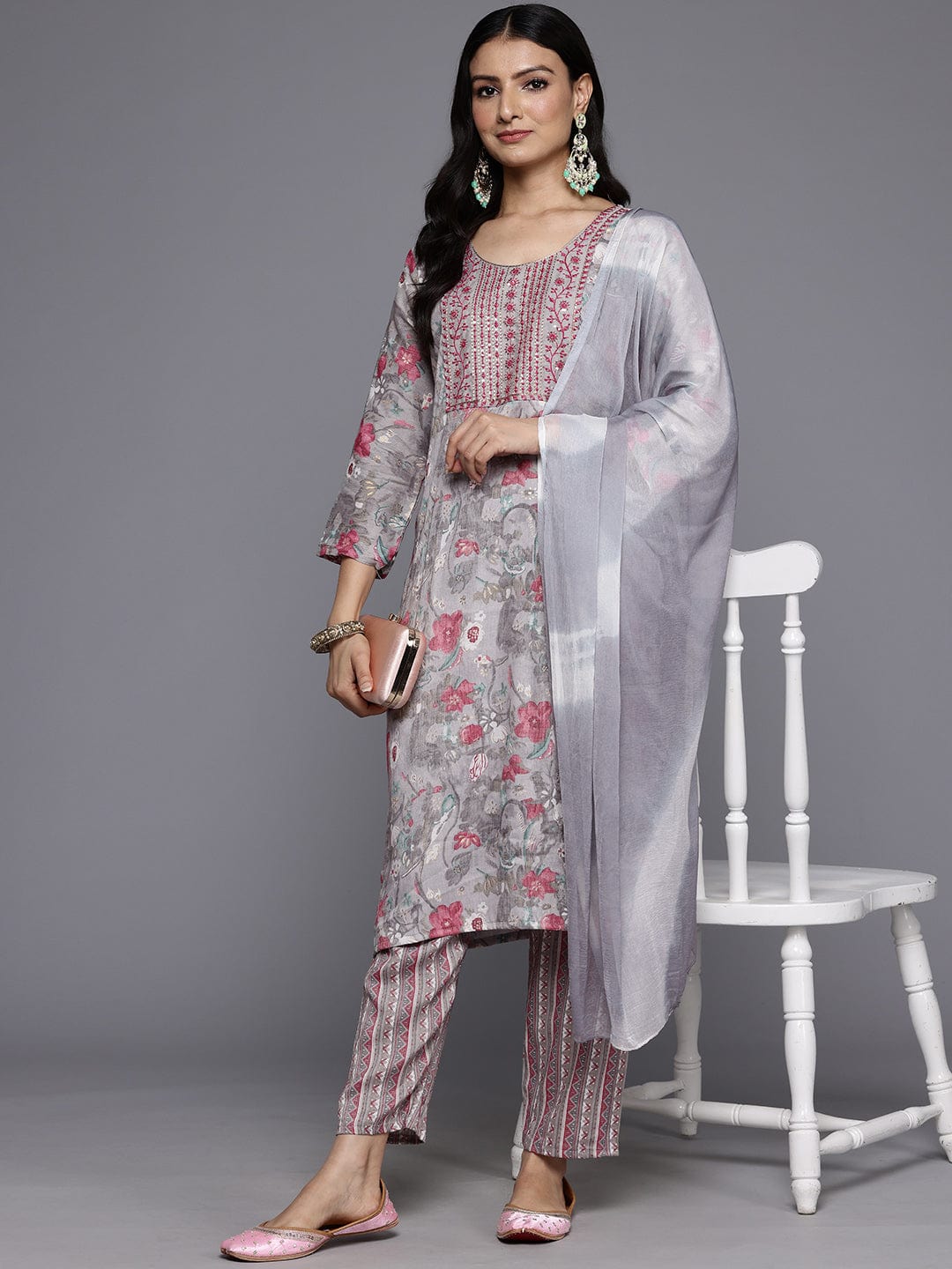 The Kurti Collection Women Grey Round Neck Thread Embroidered Yoke Printed Kurta Paired With Printed Bottom & Tie-Dye Dupatta