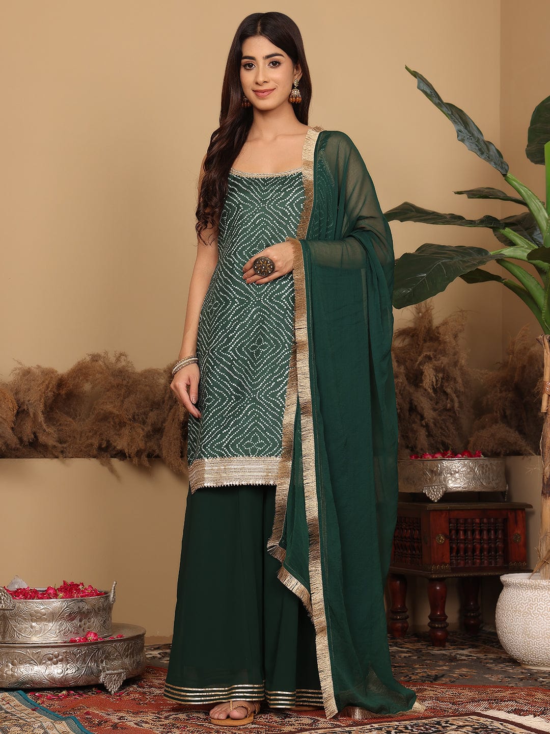 The Kurti Collection Women Green Bandhini Printed Kurta Paired With Sharara And Dupatta