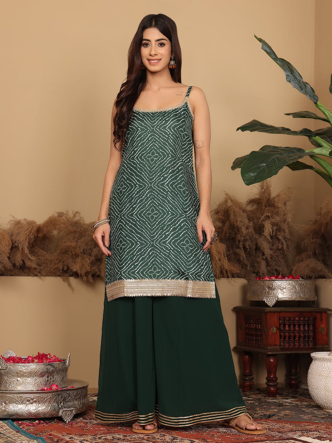 The Kurti Collection Women Green Bandhini Printed Kurta Paired With Sharara And Dupatta