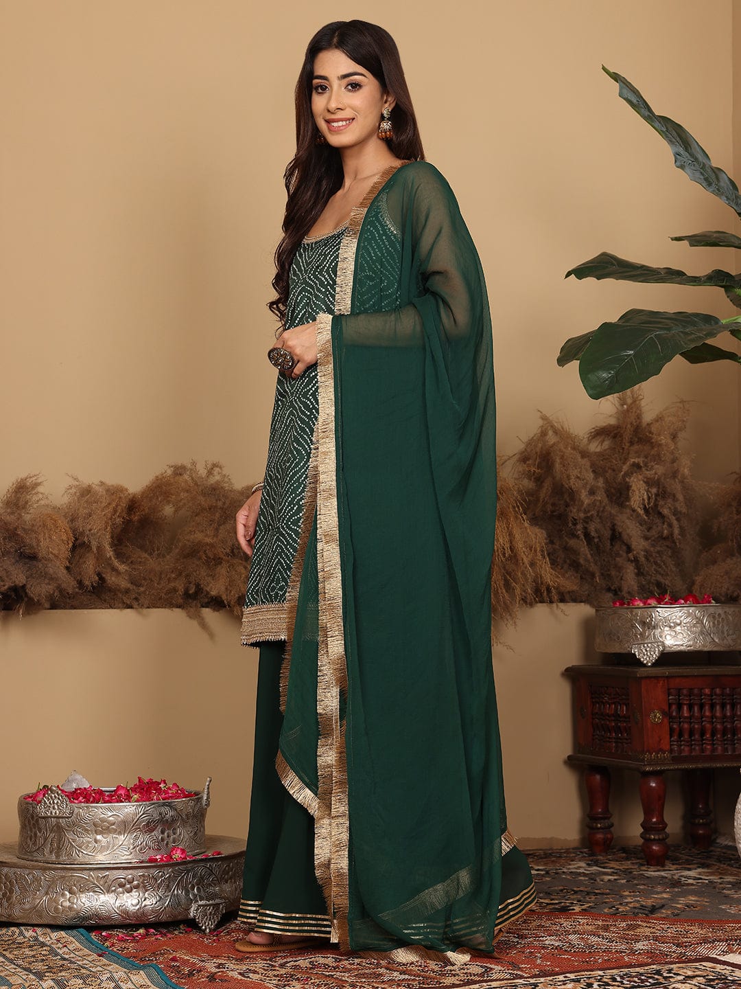 The Kurti Collection Women Green Bandhini Printed Kurta Paired With Sharara And Dupatta