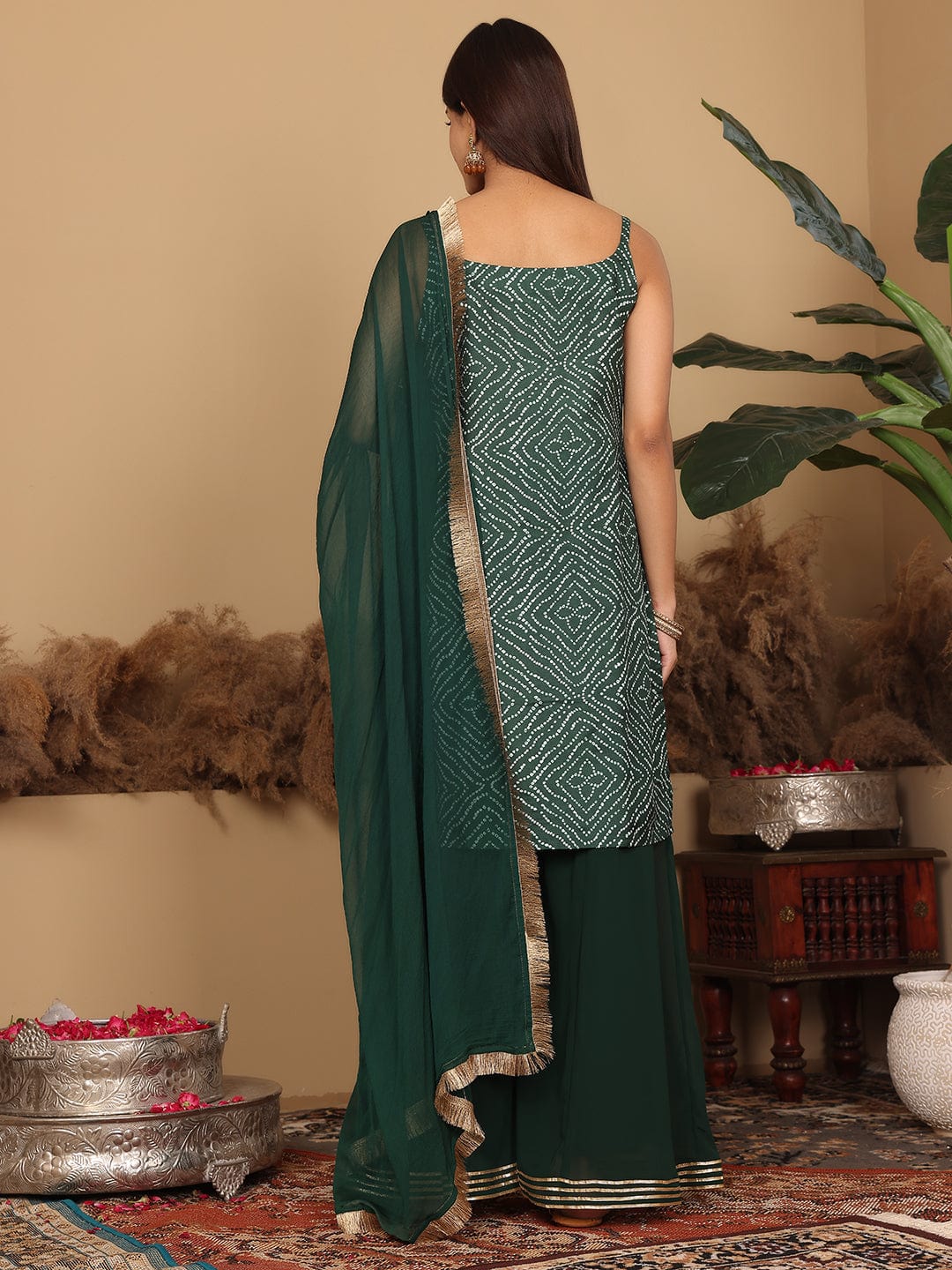 The Kurti Collection Women Green Bandhini Printed Kurta Paired With Sharara And Dupatta