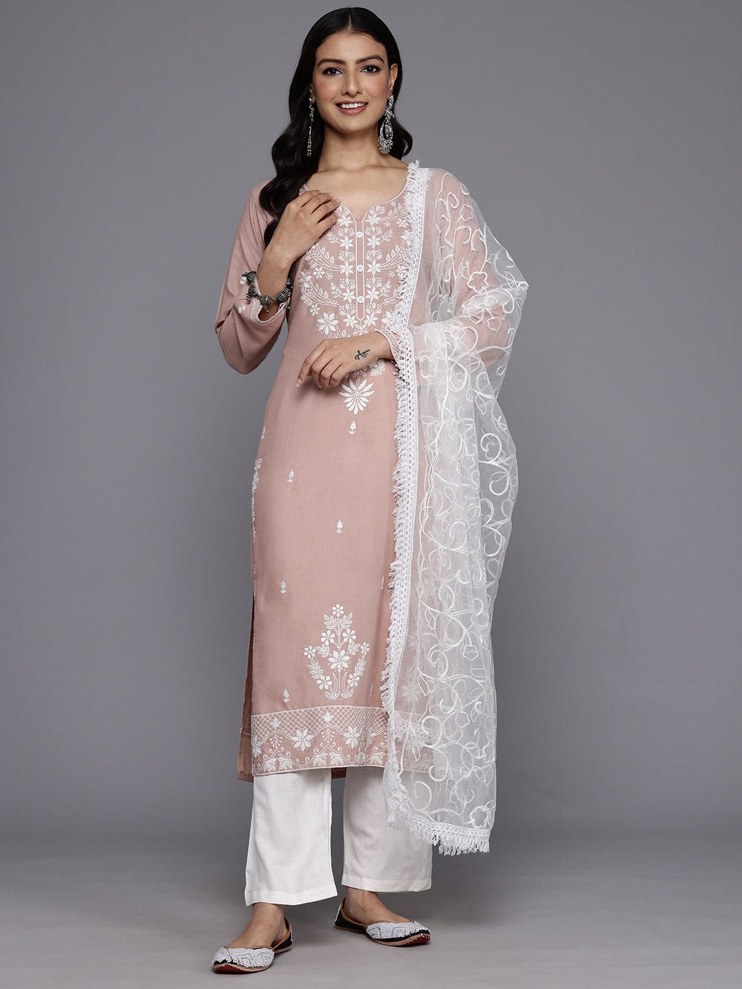 The Kurti Collection Women Nude Floral Thread Embroidered Straight Kurta Paired With White Bottom And White Embroidered Dupatta