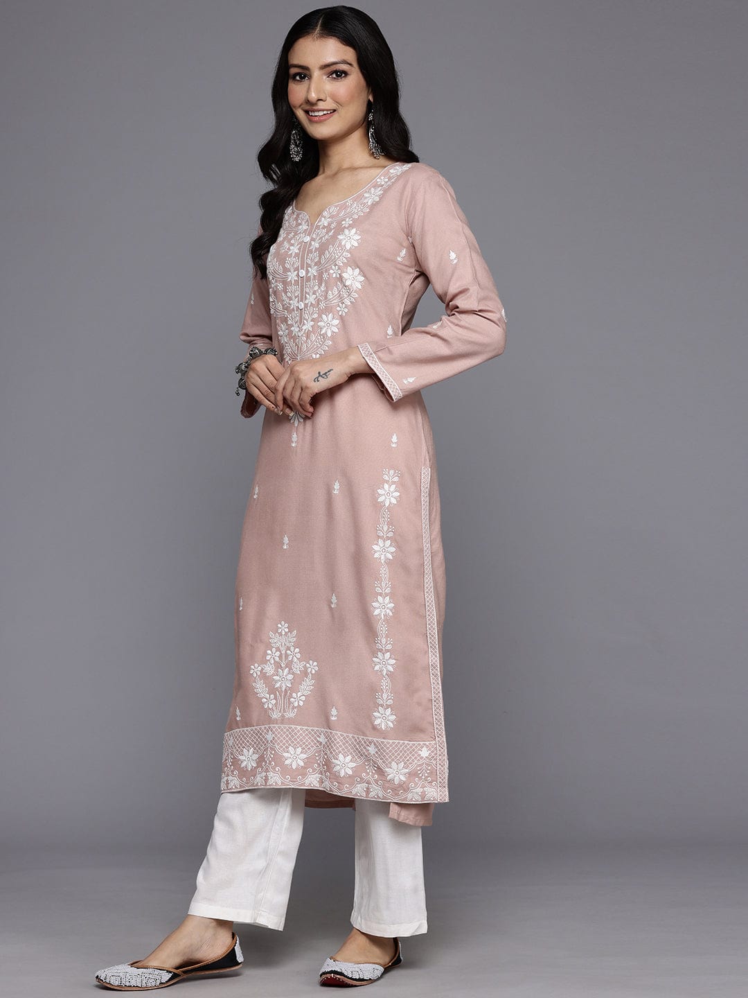 The Kurti Collection Women Nude Floral Thread Embroidered Straight Kurta Paired With White Bottom And White Embroidered Dupatta