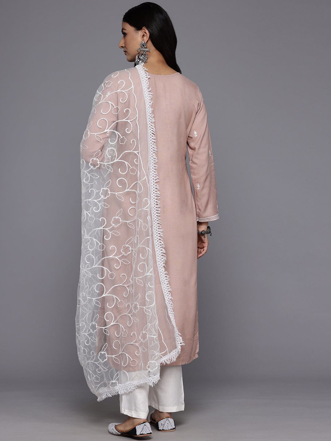 The Kurti Collection Women Nude Floral Thread Embroidered Straight Kurta Paired With White Bottom And White Embroidered Dupatta