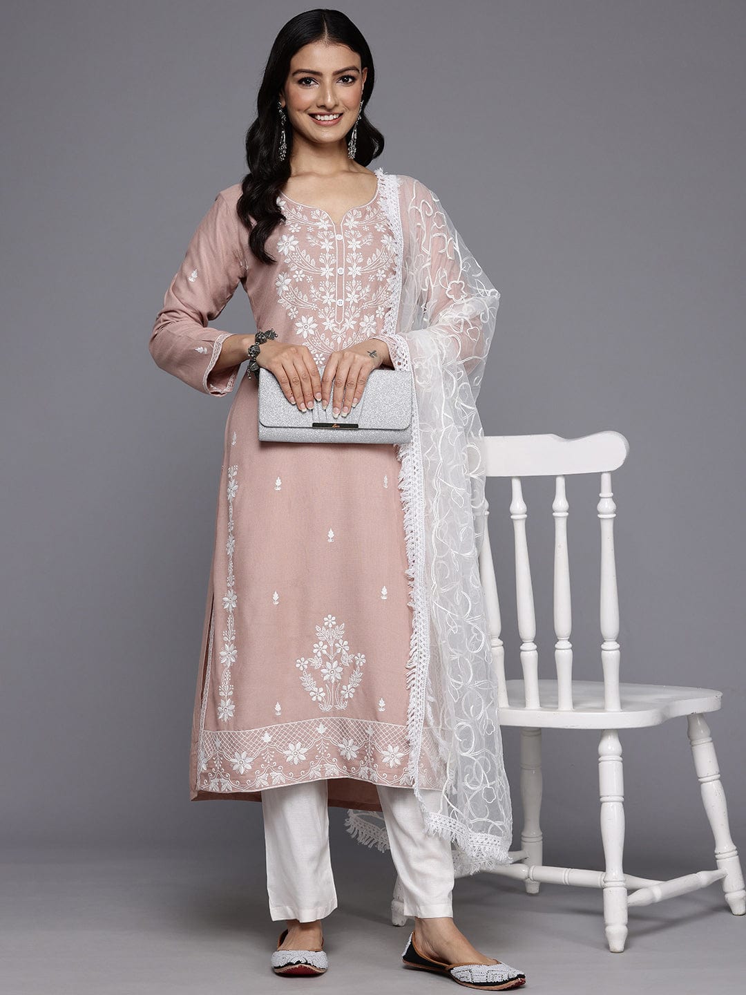 The Kurti Collection Women Nude Floral Thread Embroidered Straight Kurta Paired With White Bottom And White Embroidered Dupatta