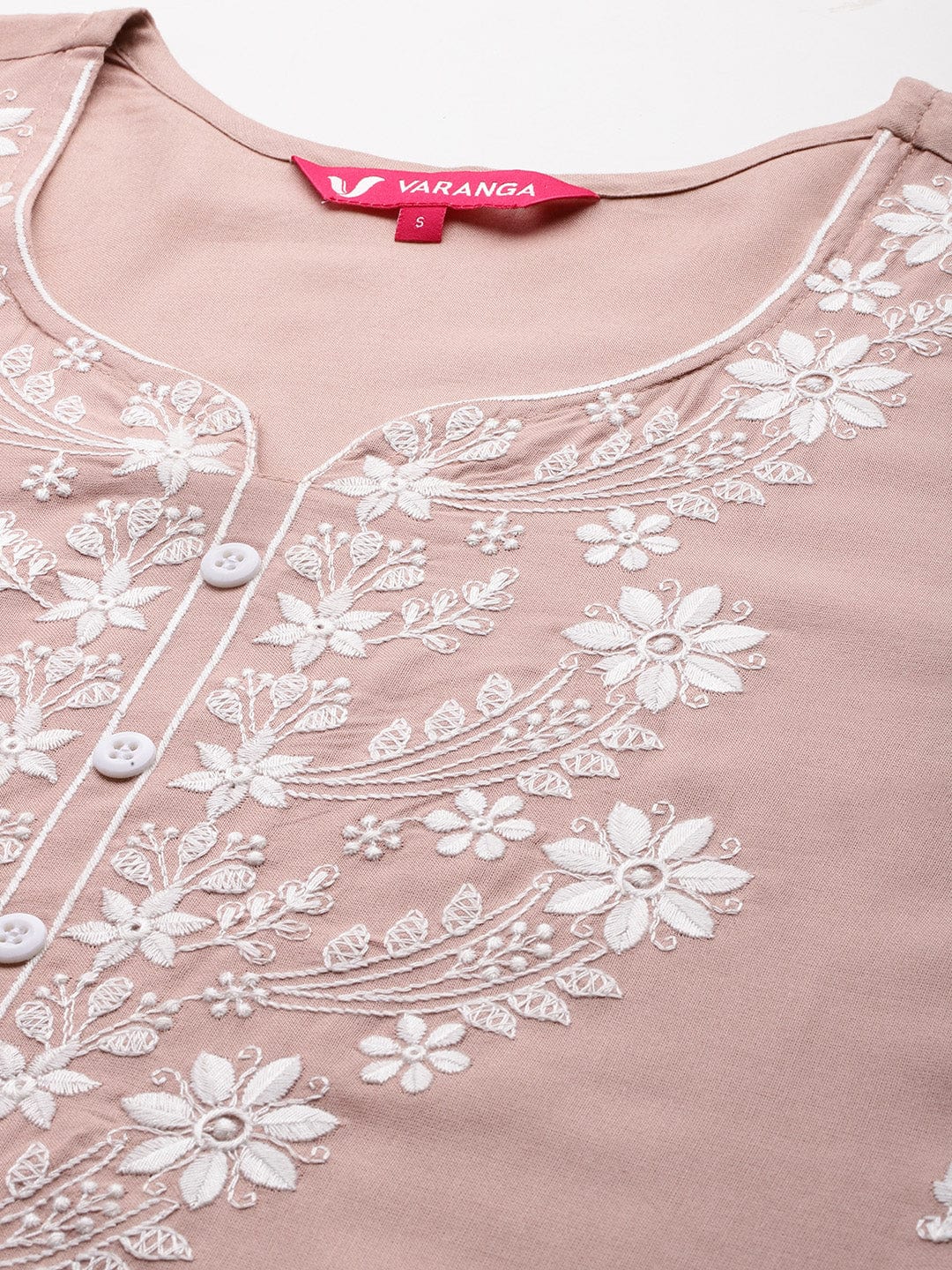 The Kurti Collection Women Nude Floral Thread Embroidered Straight Kurta Paired With White Bottom And White Embroidered Dupatta