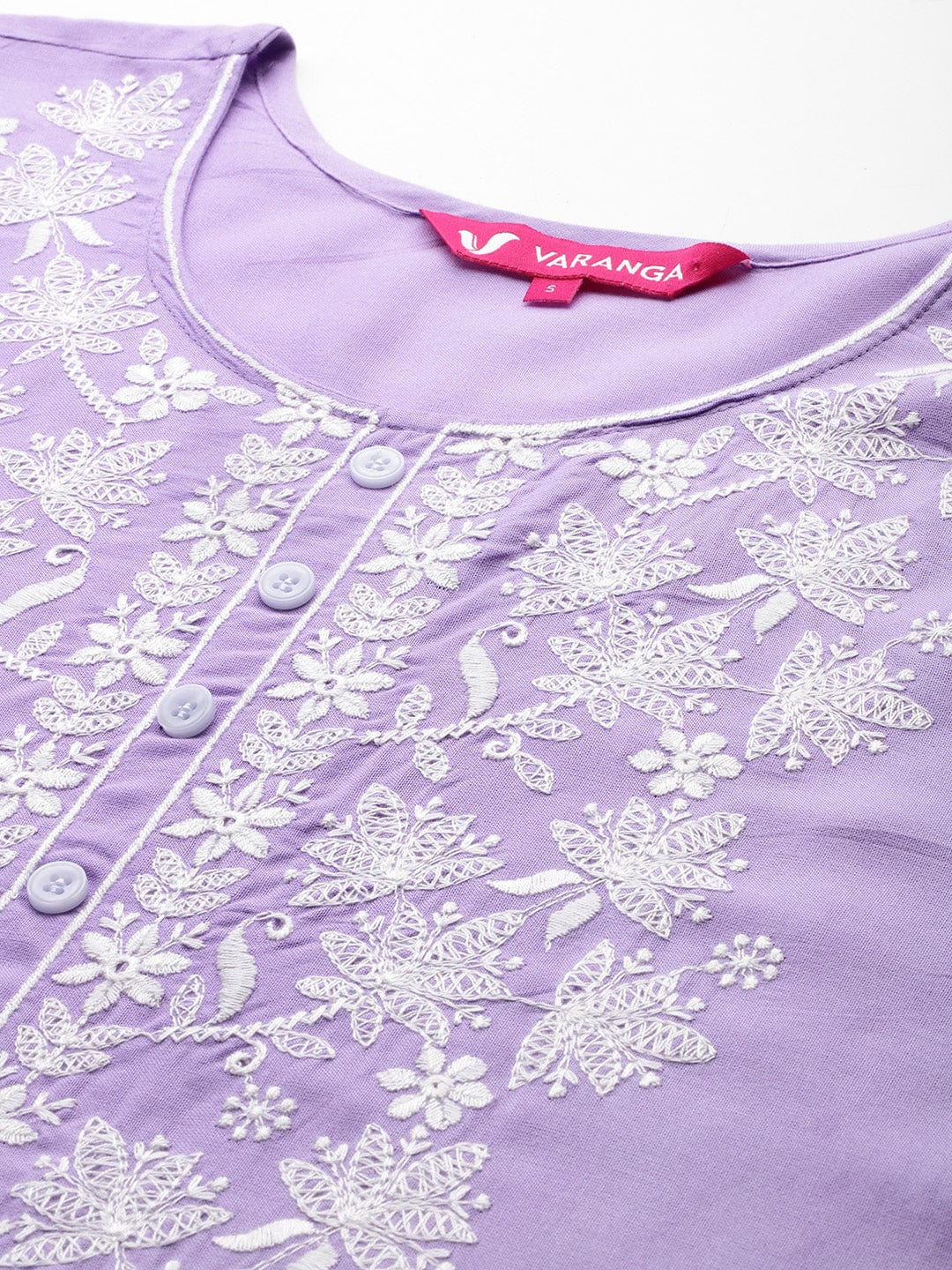 The Kurti Collection Women Lavender Floral Thread Embroidered Straight Kurta Paired With White Bottom And White Embroidered Dupatta