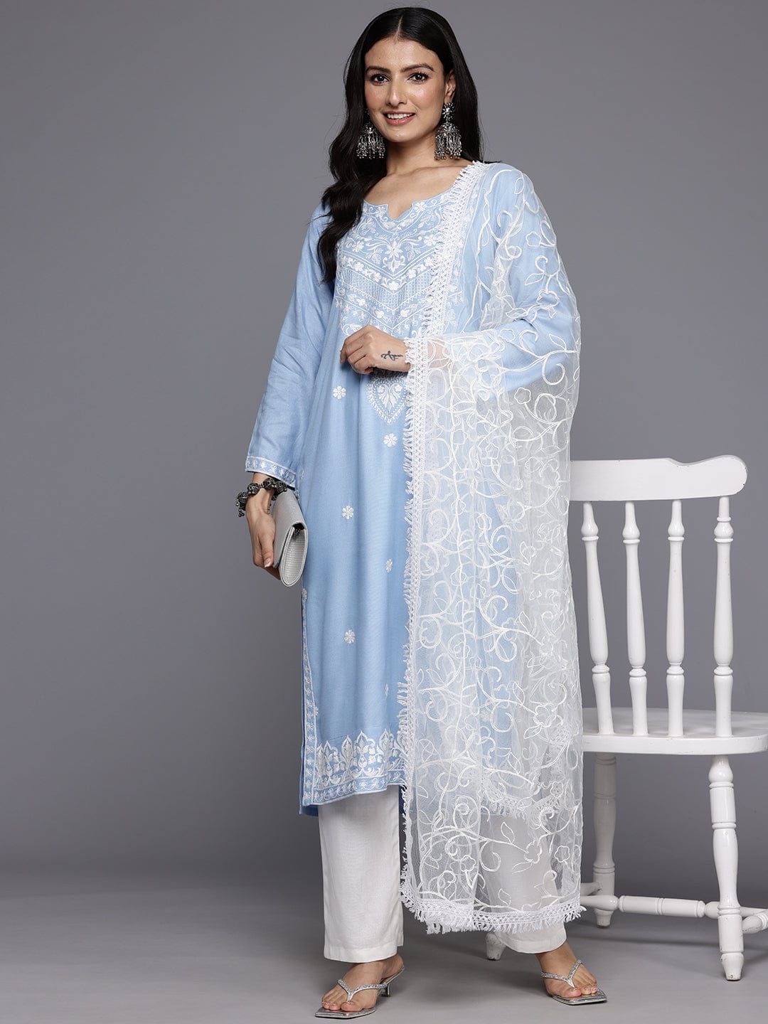 The Kurti Collection Women Blue Floral Thread Embroidered Straight Kurta Paired With White Bottom And White Embroidered Dupatta