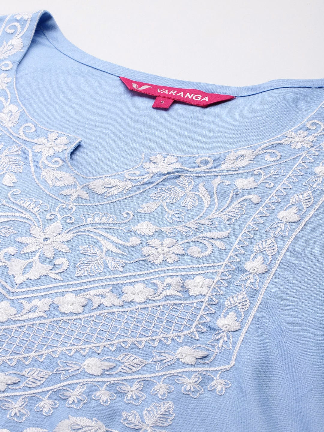 The Kurti Collection Women Blue Floral Thread Embroidered Straight Kurta Paired With White Bottom And White Embroidered Dupatta