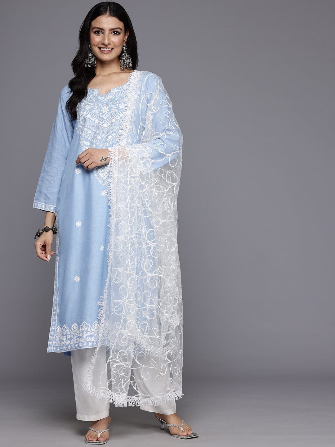 The Kurti Collection Women Blue Floral Thread Embroidered Straight Kurta Paired With White Bottom And White Embroidered Dupatta