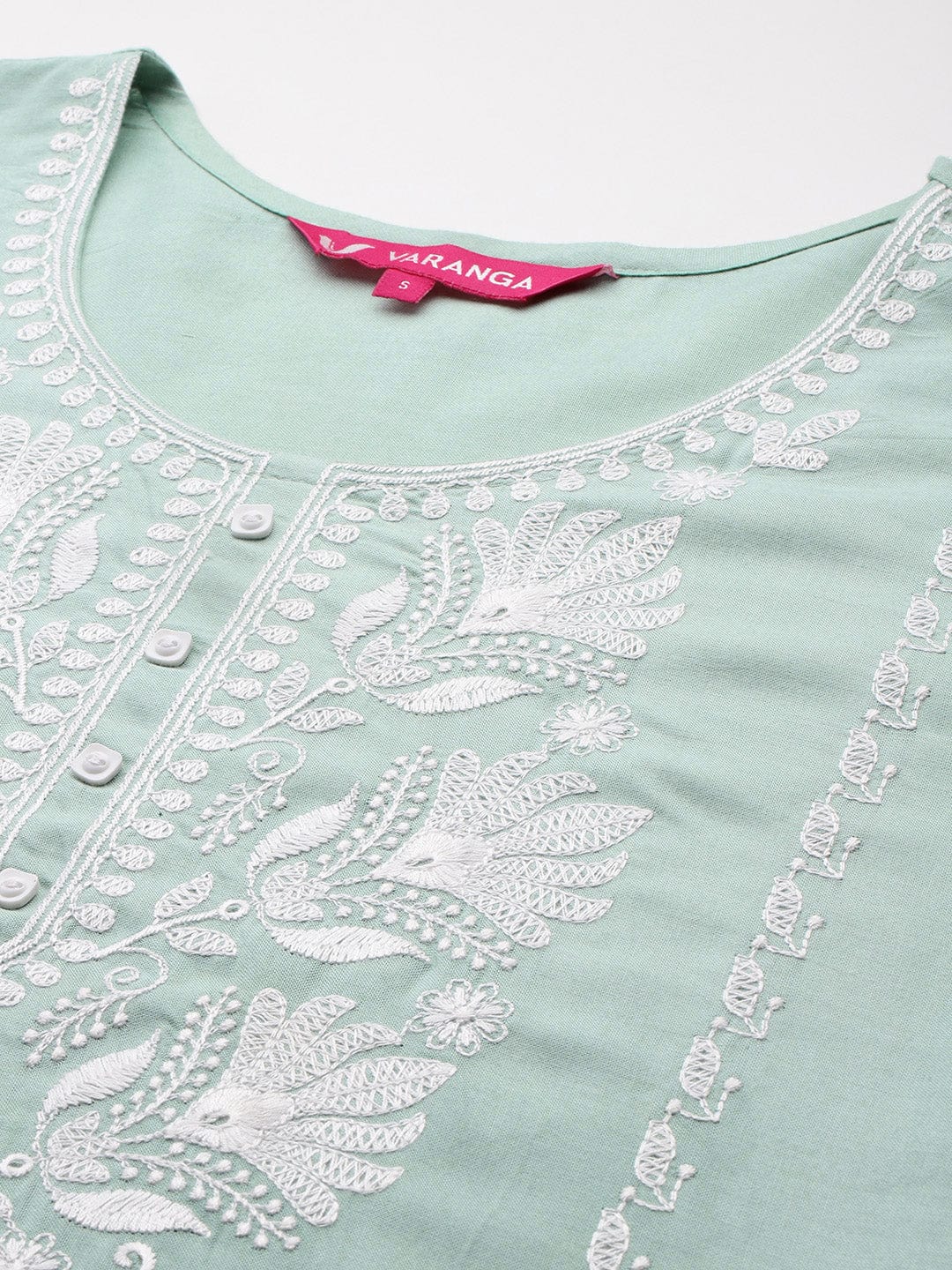 The Kurti Collection Women Sea Green Floral Thread Embroidered Straight Kurta Paired With White Bottom And White Embroidered Dupatta