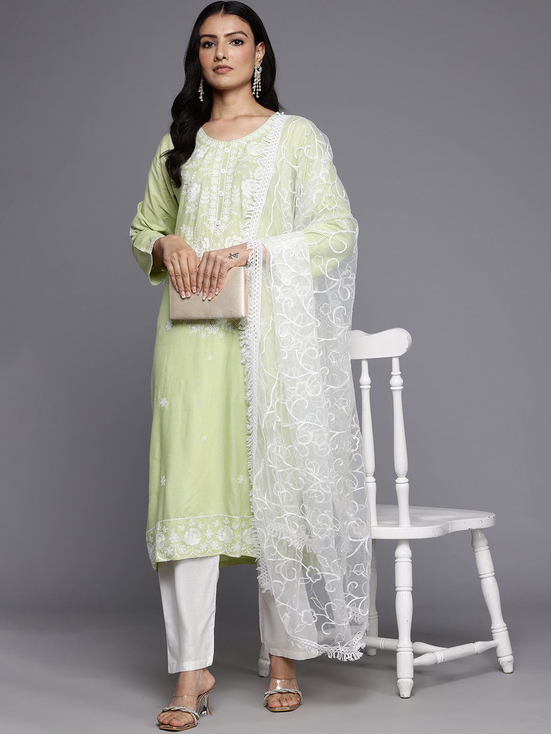 The Kurti Collection Women Light Green Floral Thread Embroidered Straight Kurta Paired With White Bottom And White Embroidered Dupatta