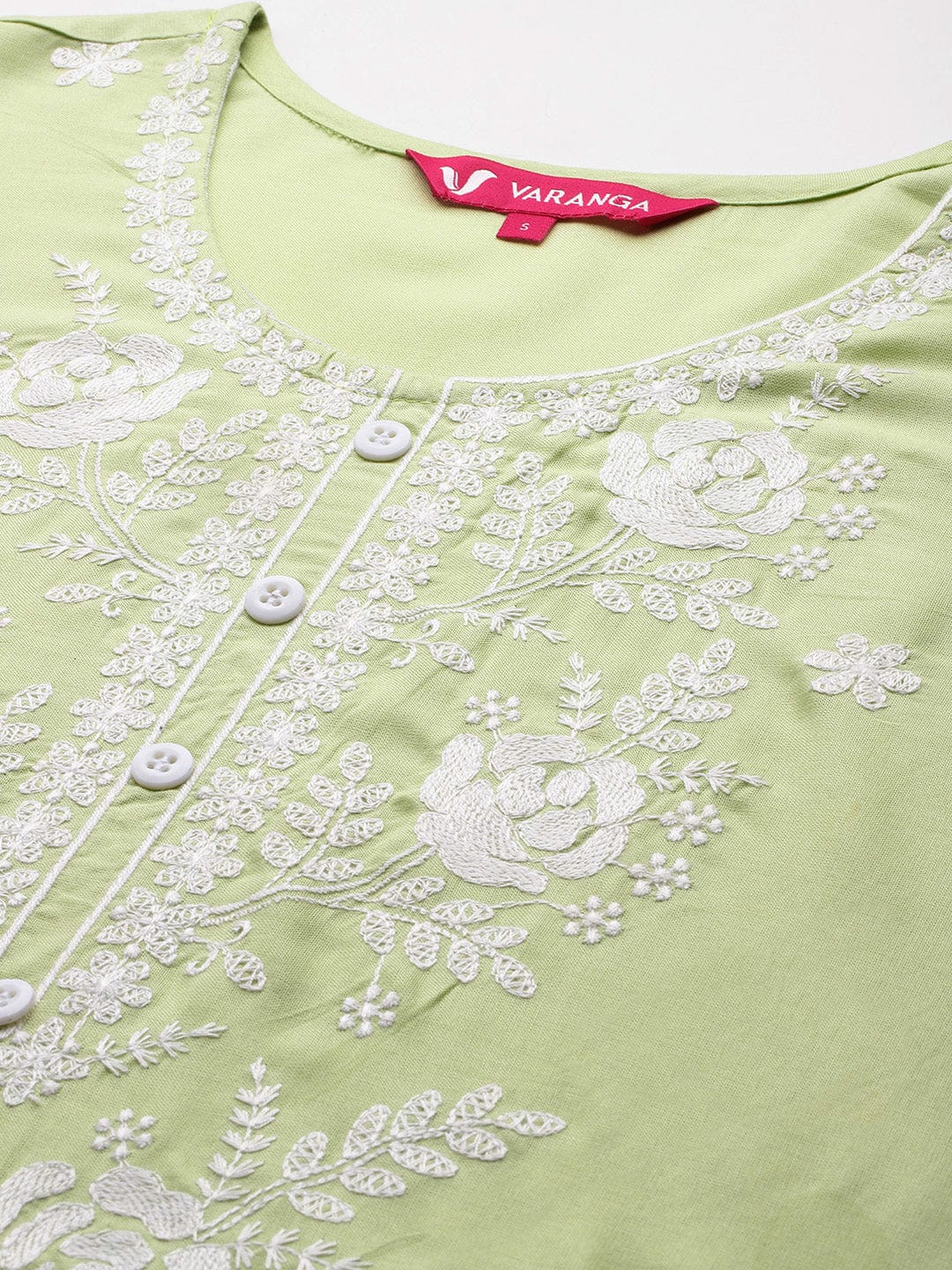 The Kurti Collection Women Light Green Floral Thread Embroidered Straight Kurta Paired With White Bottom And White Embroidered Dupatta