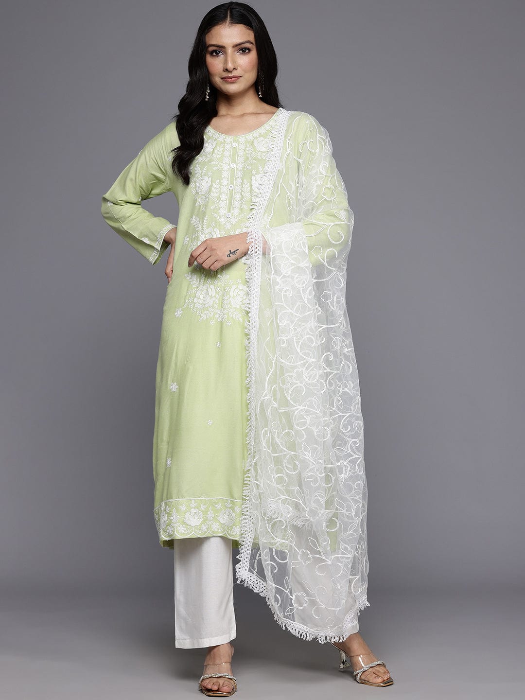 The Kurti Collection Women Light Green Floral Thread Embroidered Straight Kurta Paired With White Bottom And White Embroidered Dupatta