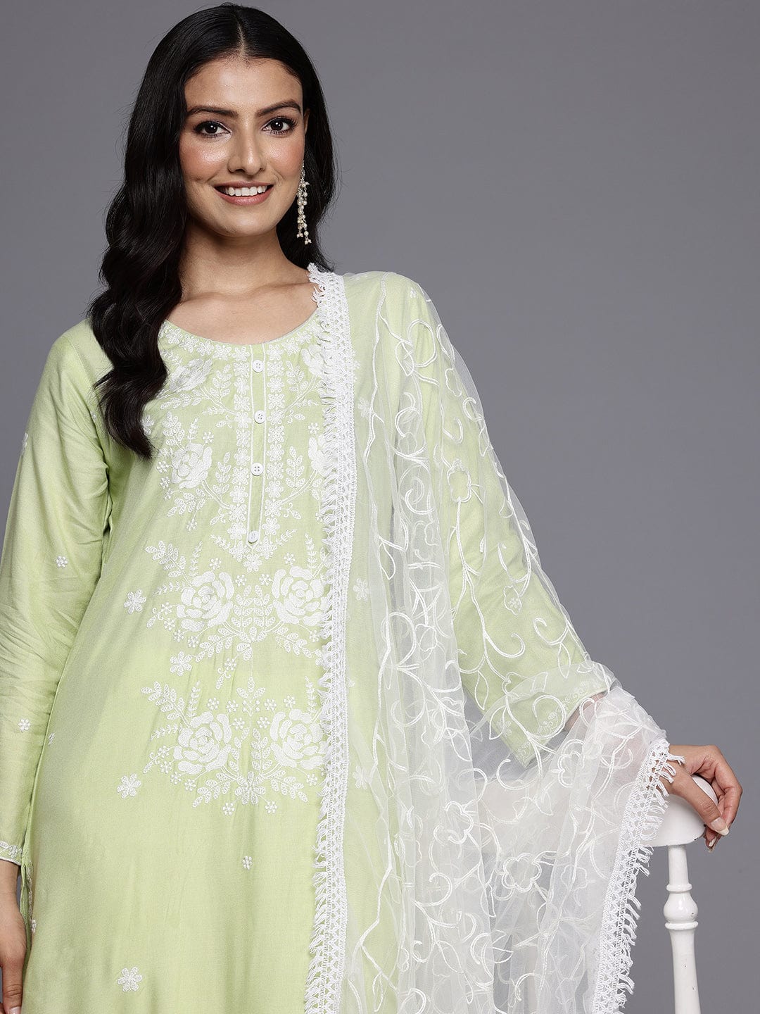 The Kurti Collection Women Light Green Floral Thread Embroidered Straight Kurta Paired With White Bottom And White Embroidered Dupatta