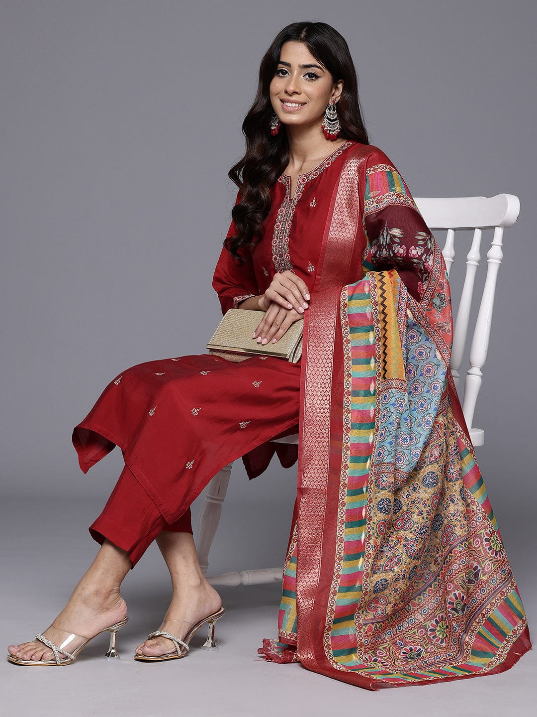 The Kurti Collection Women Red Round Neck Placement Embroidered Kurta Paired With Tonal Bottom & Printed Dupatta