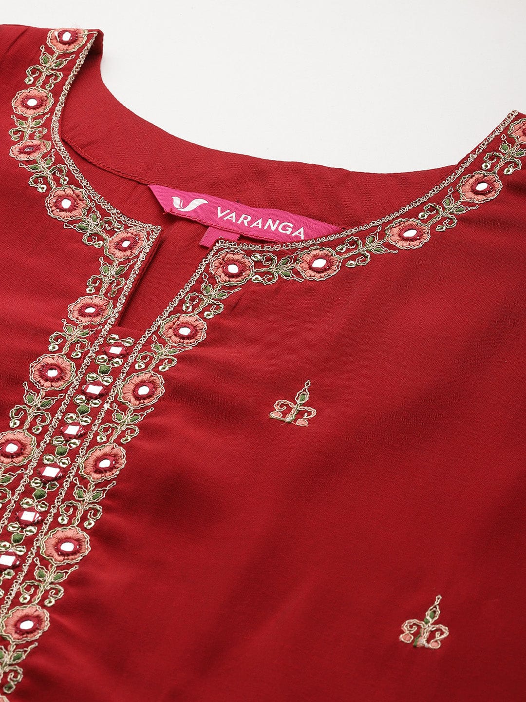 The Kurti Collection Women Red Round Neck Placement Embroidered Kurta Paired With Tonal Bottom & Printed Dupatta