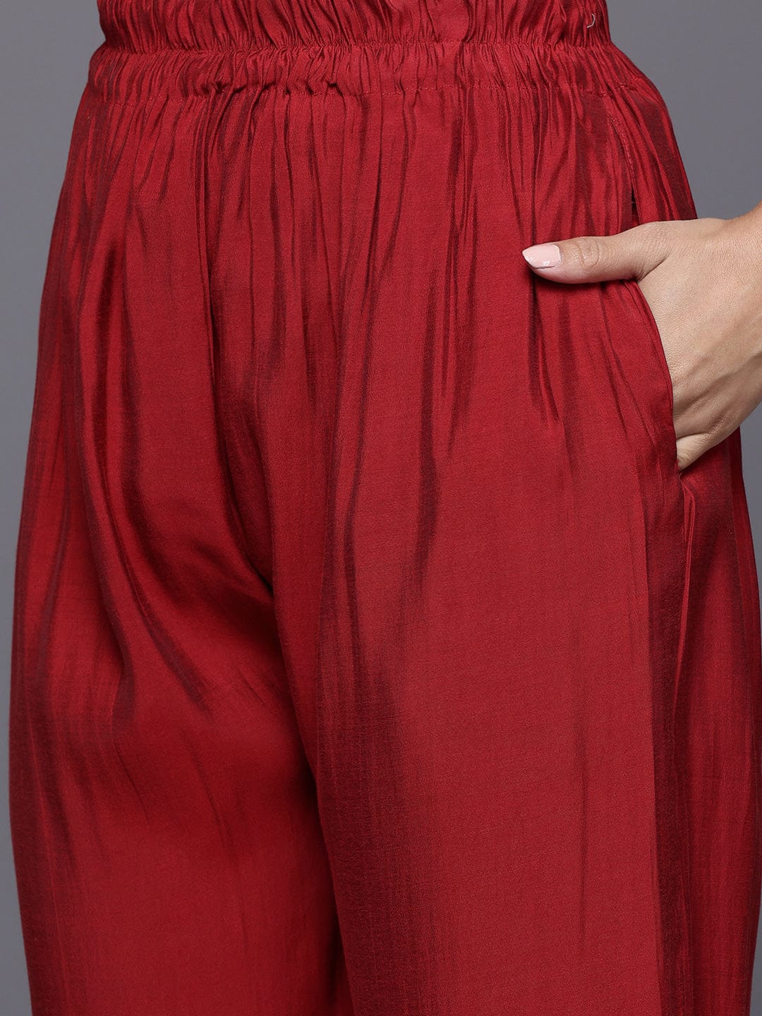 The Kurti Collection Women Red Round Neck Placement Embroidered Kurta Paired With Tonal Bottom & Printed Dupatta