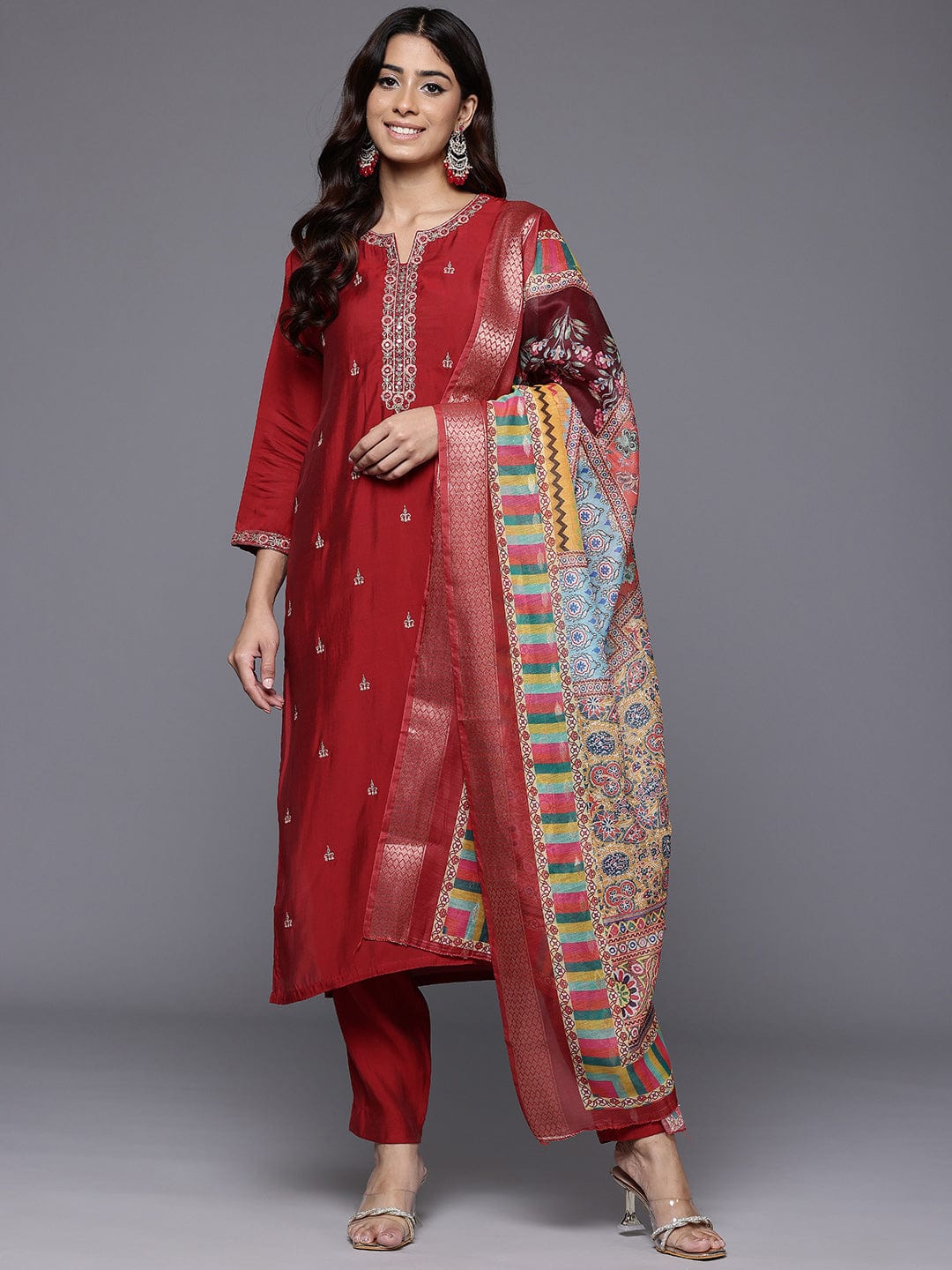 The Kurti Collection Women Red Round Neck Placement Embroidered Kurta Paired With Tonal Bottom & Printed Dupatta