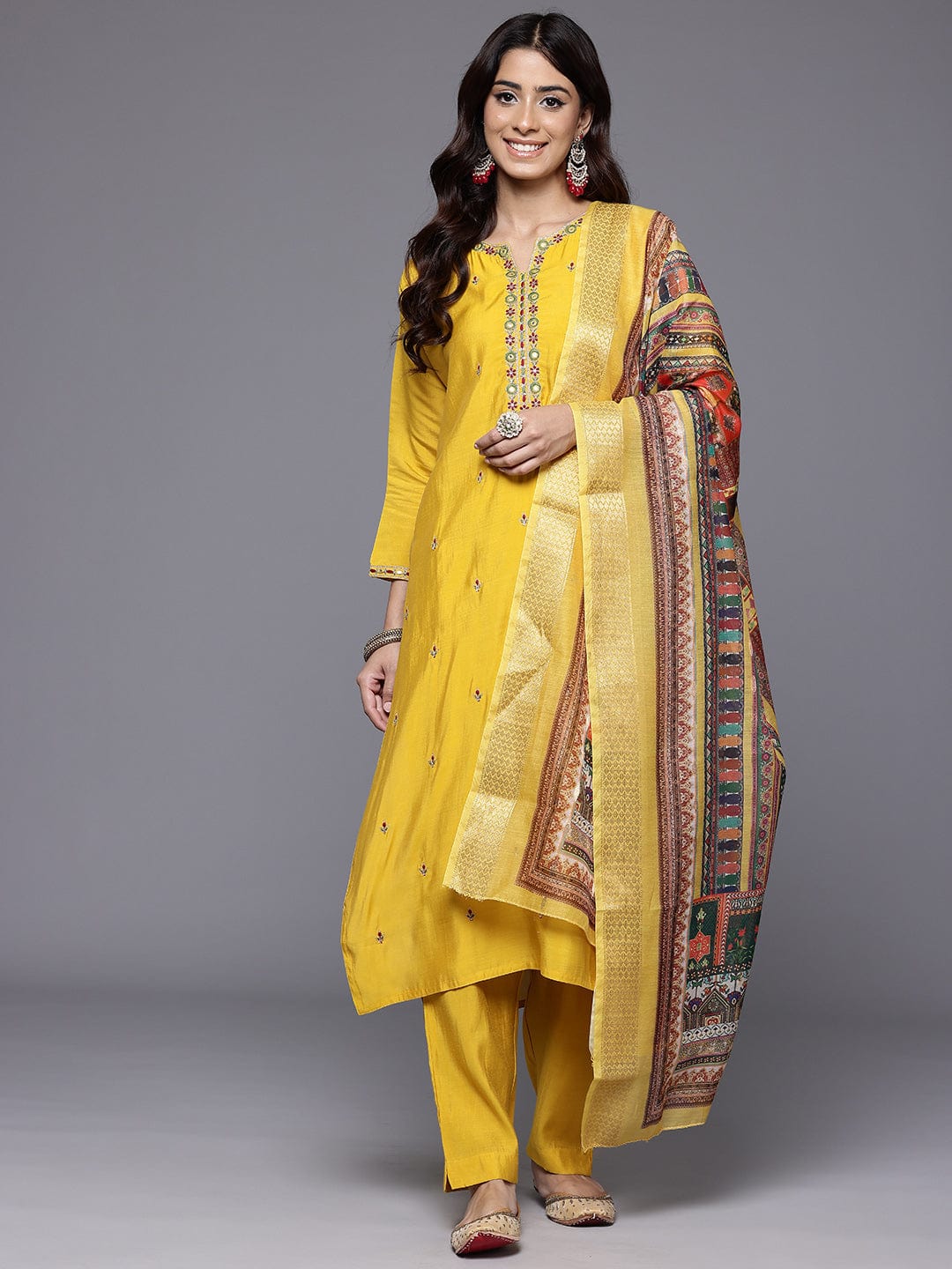 The Kurti Collection Women Yellow Round Neck Placement Embroidered Kurta Paired With Tonal Bottom & Printed Dupatta