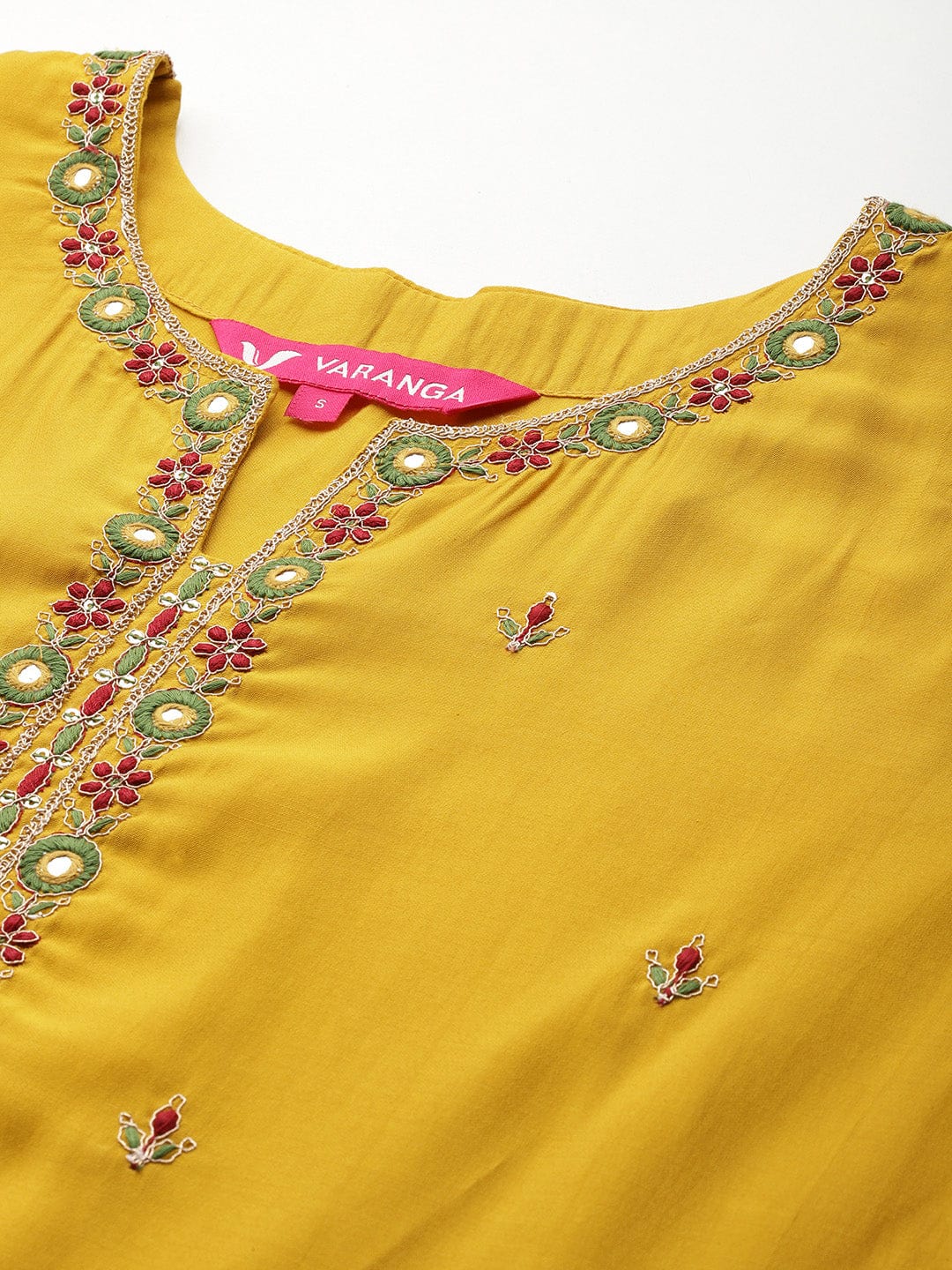 The Kurti Collection Women Yellow Round Neck Placement Embroidered Kurta Paired With Tonal Bottom & Printed Dupatta