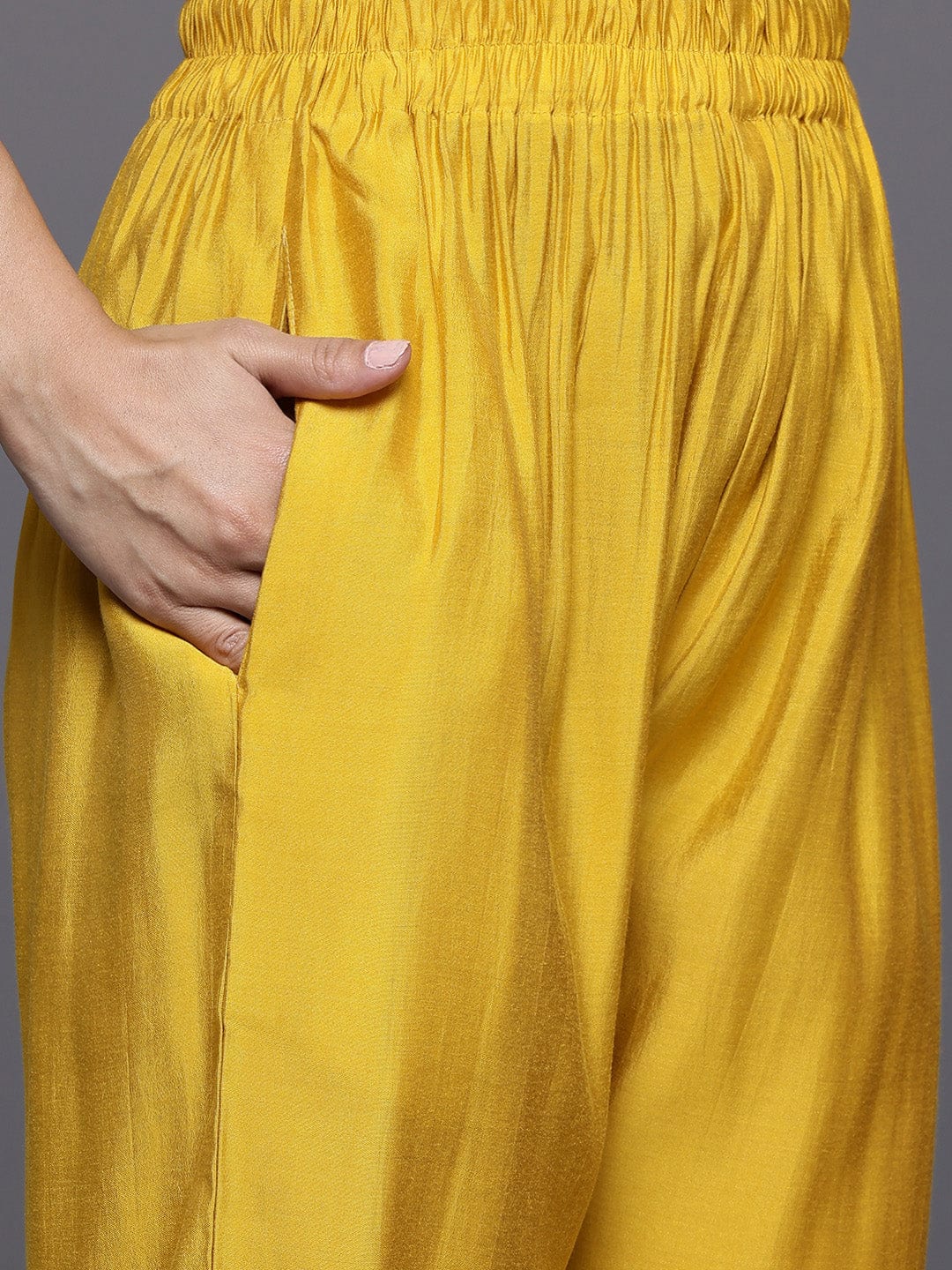 The Kurti Collection Women Yellow Round Neck Placement Embroidered Kurta Paired With Tonal Bottom & Printed Dupatta
