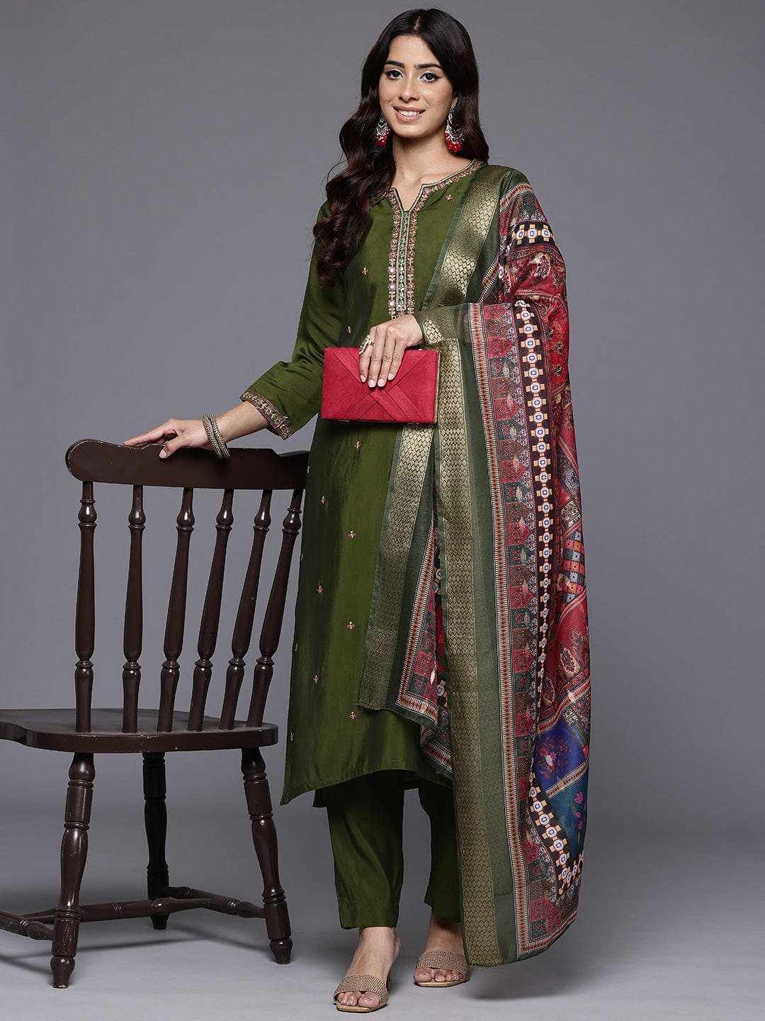 The Kurti Collection Women Olive Green Round Neck Placement Embroidered Kurta Paired With Tonal Bottom & Printed Dupatta