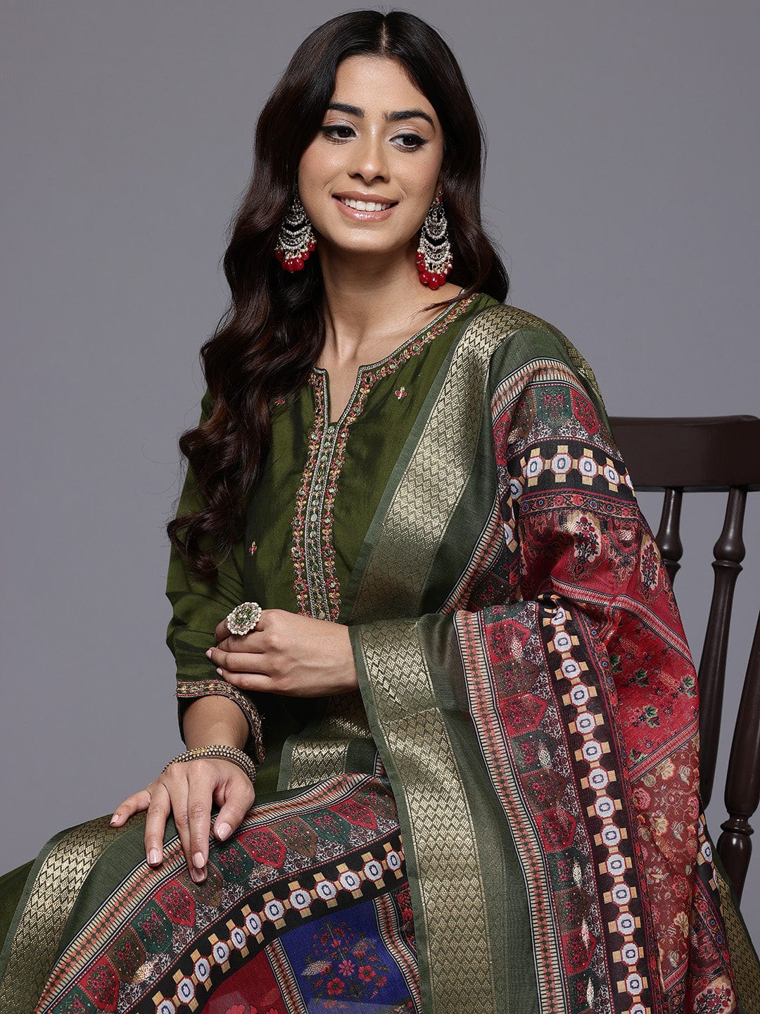 The Kurti Collection Women Olive Green Round Neck Placement Embroidered Kurta Paired With Tonal Bottom & Printed Dupatta