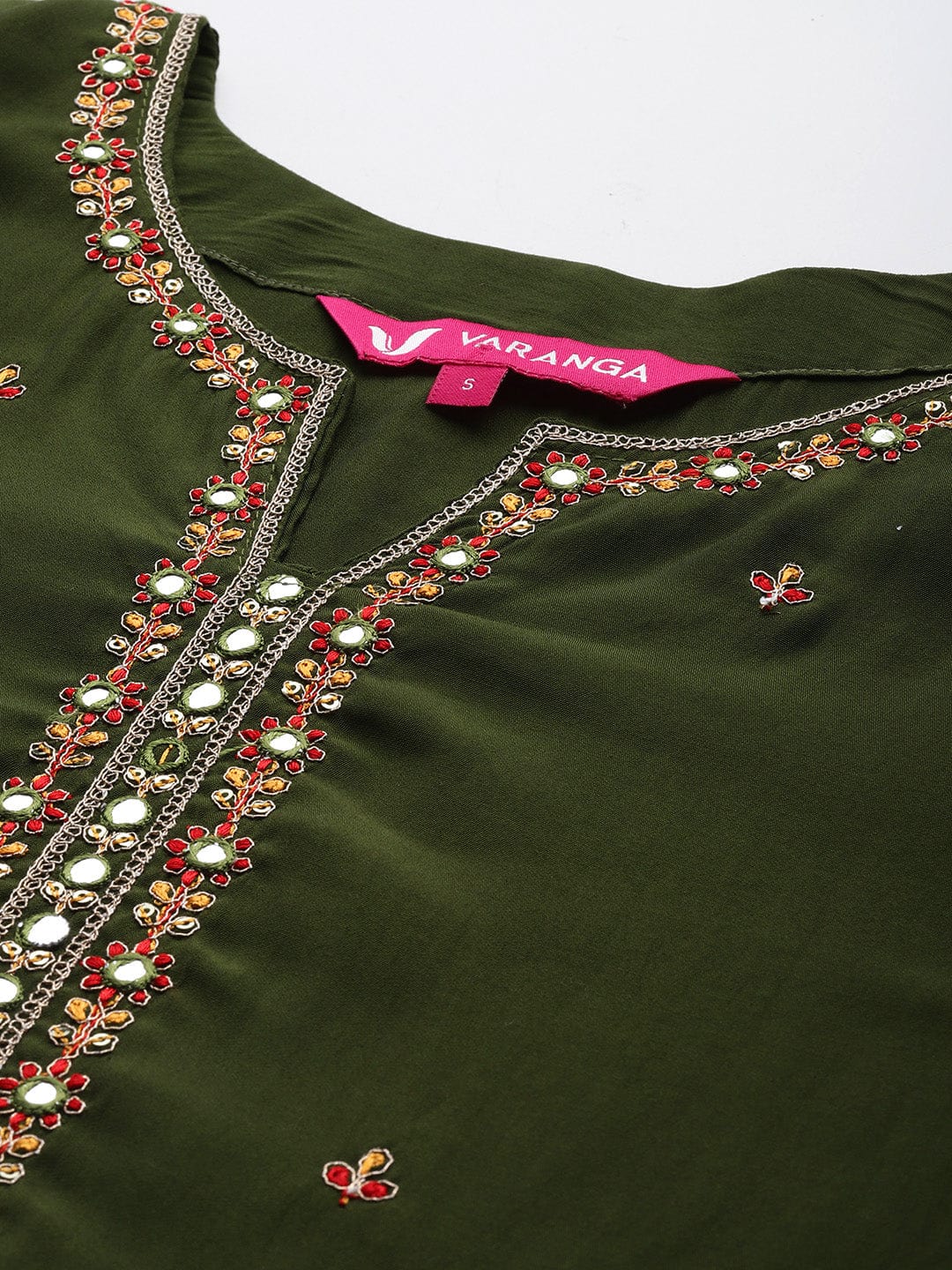 The Kurti Collection Women Olive Green Round Neck Placement Embroidered Kurta Paired With Tonal Bottom & Printed Dupatta