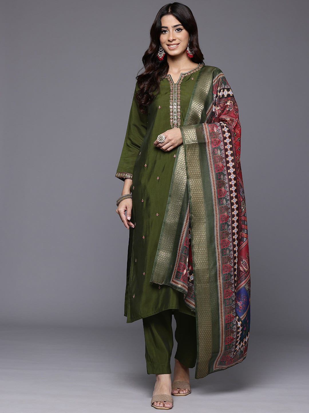 The Kurti Collection Women Olive Green Round Neck Placement Embroidered Kurta Paired With Tonal Bottom & Printed Dupatta