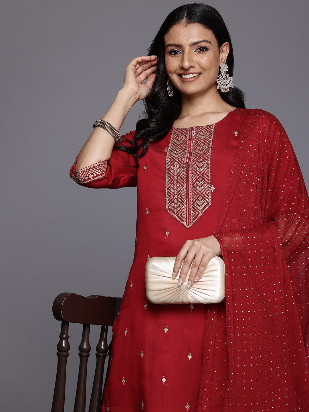 The Kurti Collection Women Maroon Round Neck Zari Embroidered Kurta Paired With Bottom & Dupatta