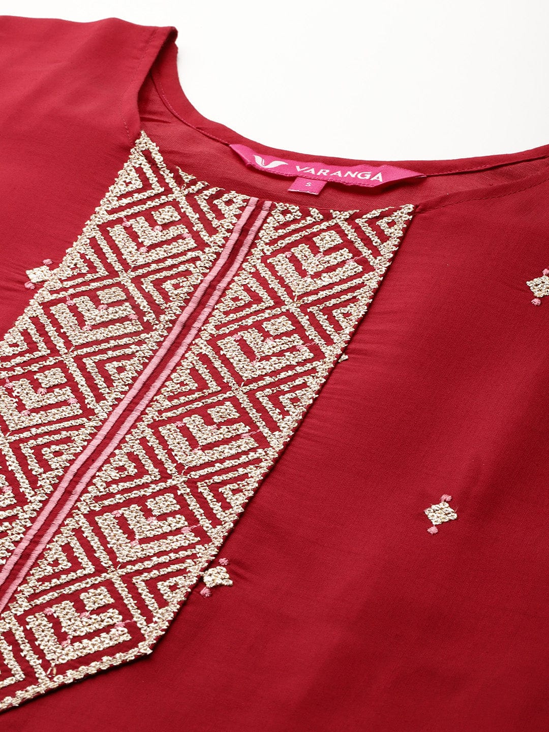 The Kurti Collection Women Maroon Round Neck Zari Embroidered Kurta Paired With Bottom & Dupatta