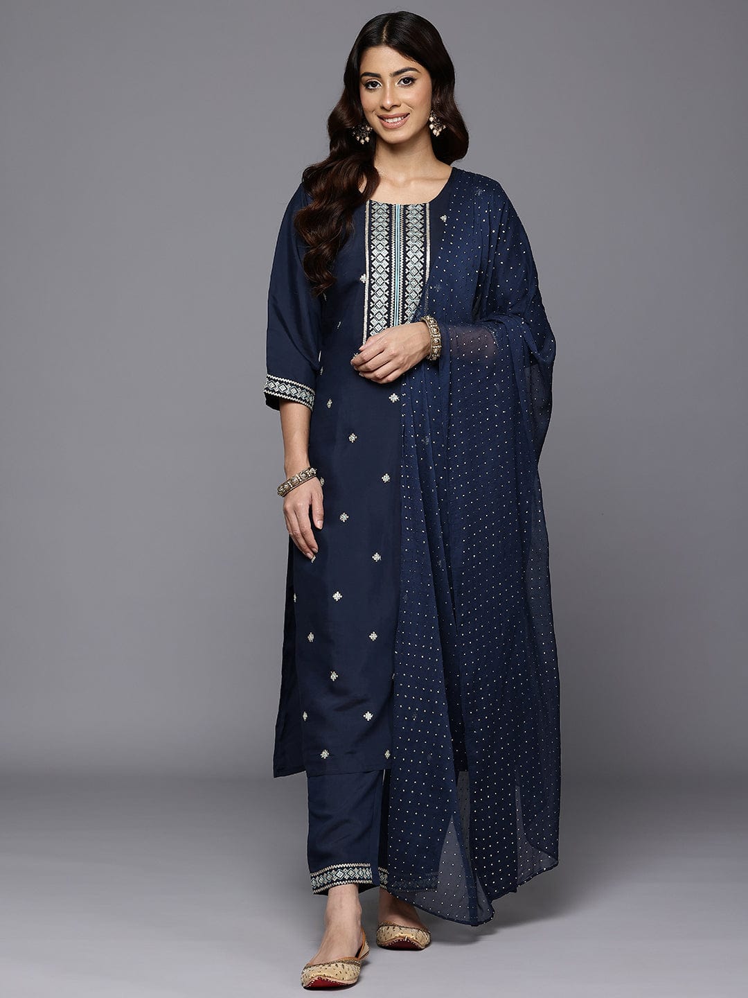 The Kurti Collection Women Navy Blue Round Neck Zari Embroidered Kurta Paired With Tonal Bottom & Dupatta
