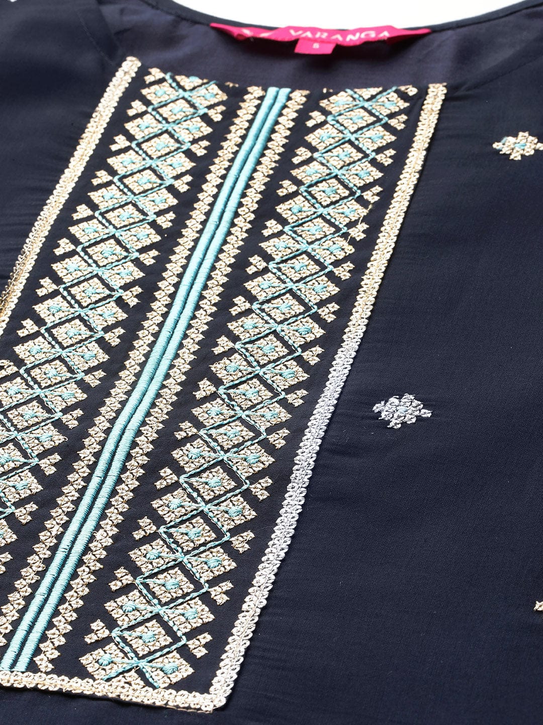 The Kurti Collection Women Navy Blue Round Neck Zari Embroidered Kurta Paired With Tonal Bottom & Dupatta