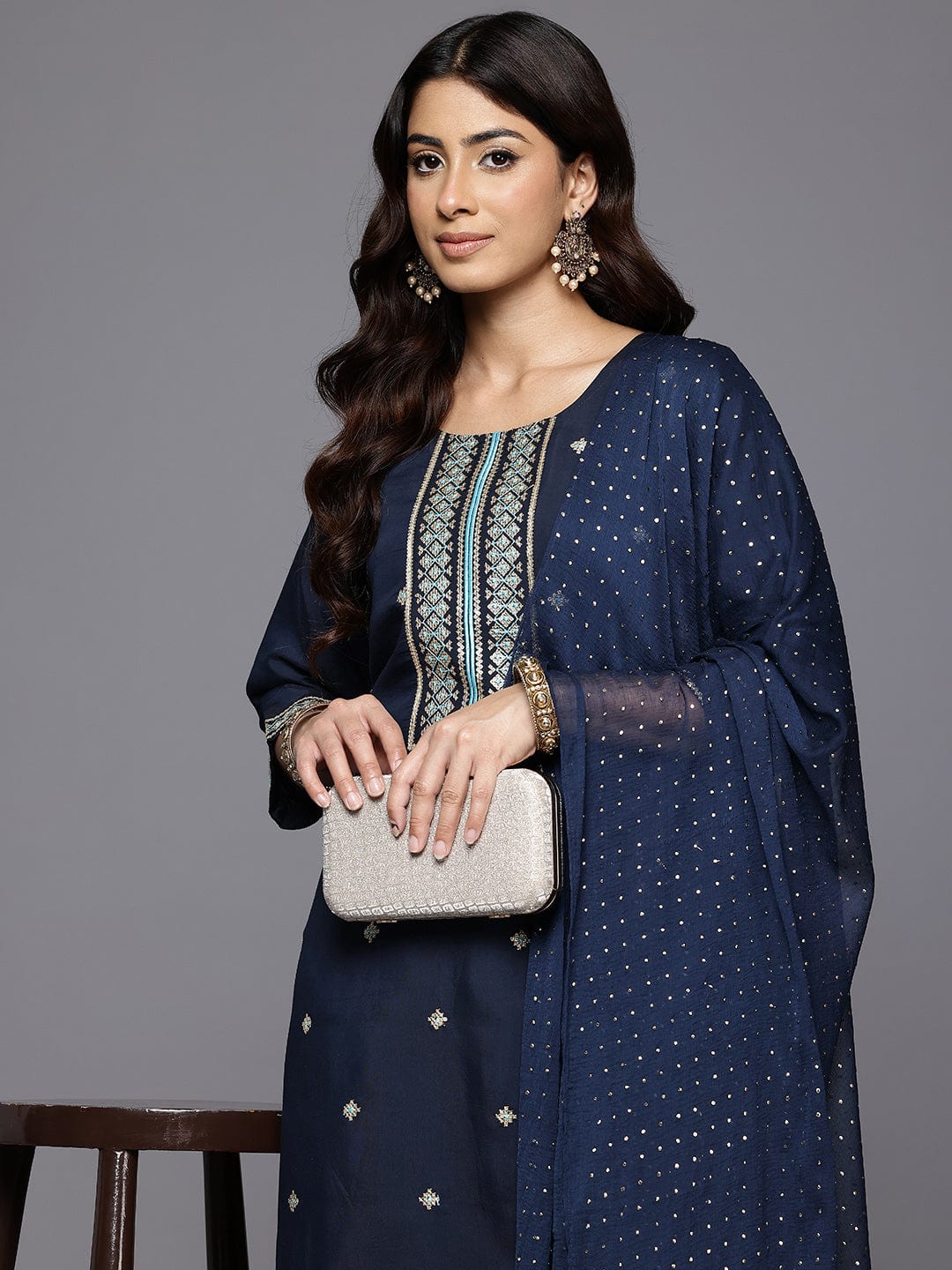 The Kurti Collection Women Navy Blue Round Neck Zari Embroidered Kurta Paired With Tonal Bottom & Dupatta