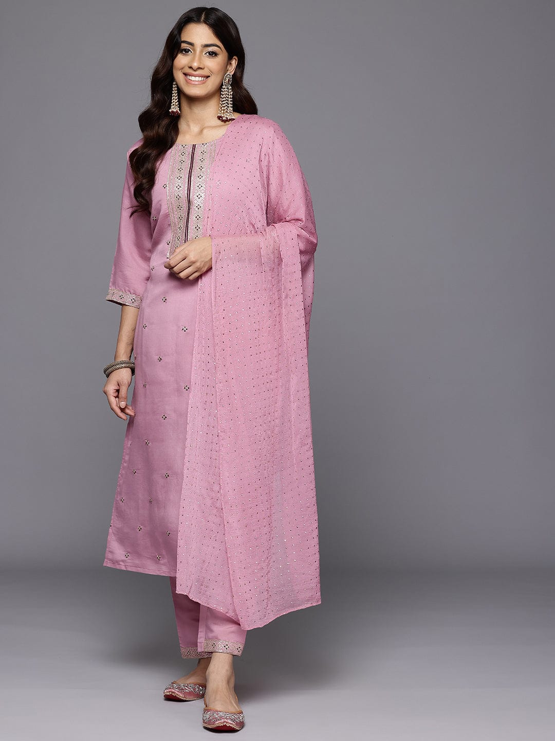 The Kurti Collection Women Lavender Round Neck Zari Embroidered Kurta Paired With Bottom & Dupatta