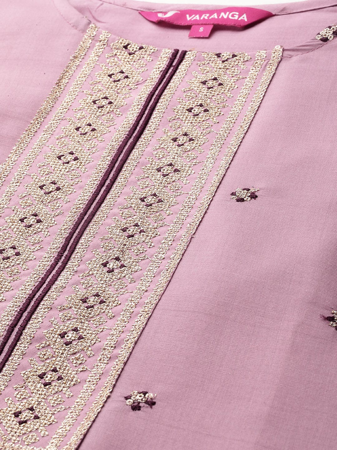 The Kurti Collection Women Lavender Round Neck Zari Embroidered Kurta Paired With Bottom & Dupatta