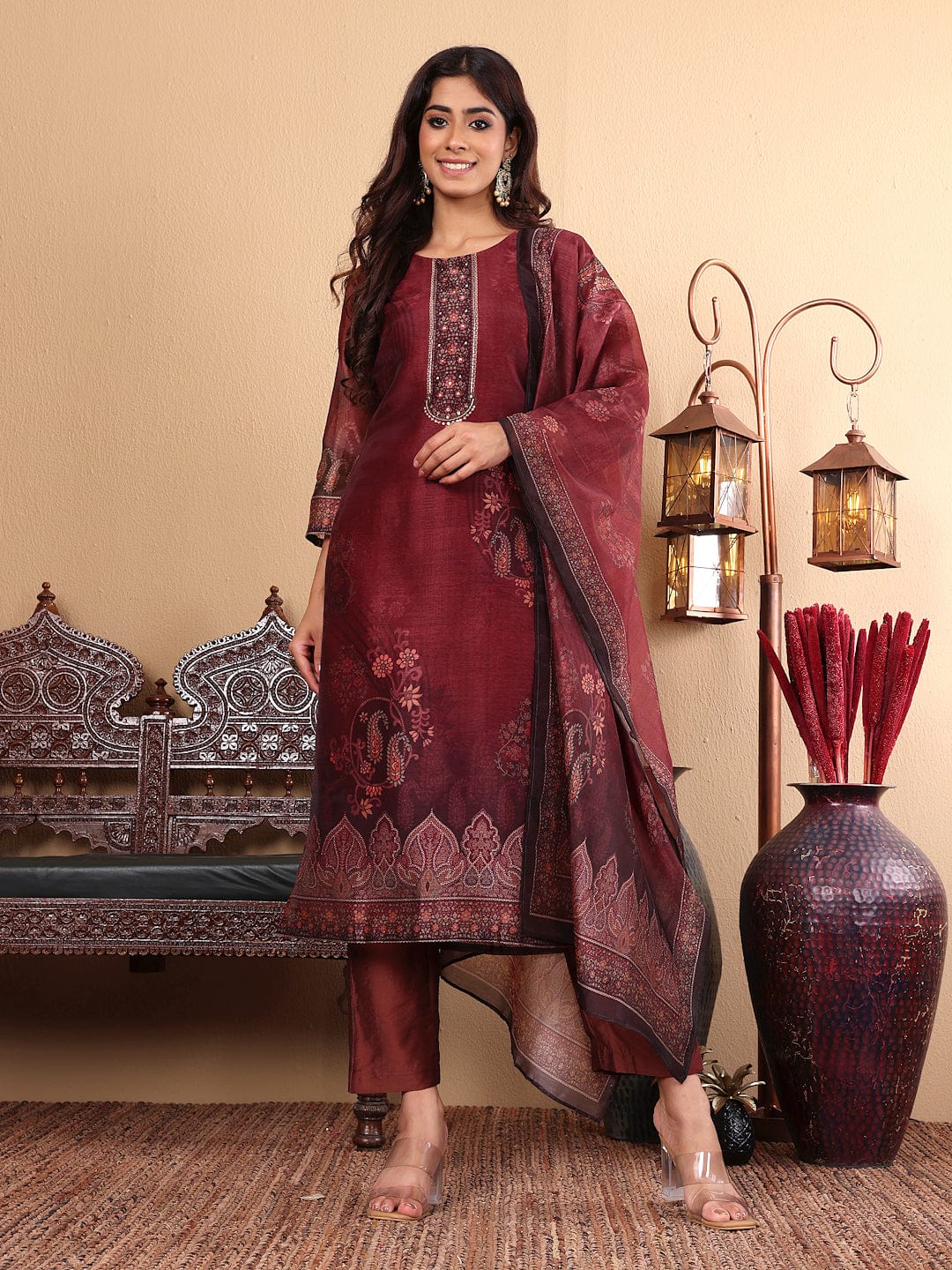 The Kurti Collection Women Maroon Floral Printed Kurta Paired with Bottom and Dupatta