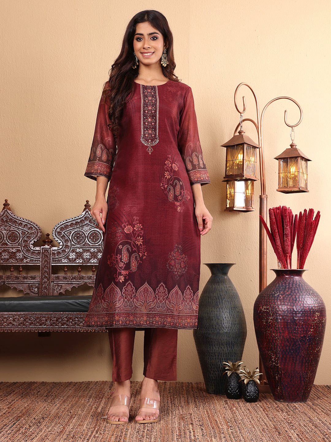The Kurti Collection Women Maroon Floral Printed Kurta Paired with Bottom and Dupatta