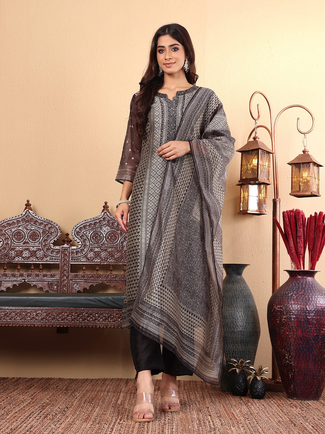 The Kurti Collection Women Chanderi Silk Geometric Printed Kurta Paired with Bottom and Dupatta