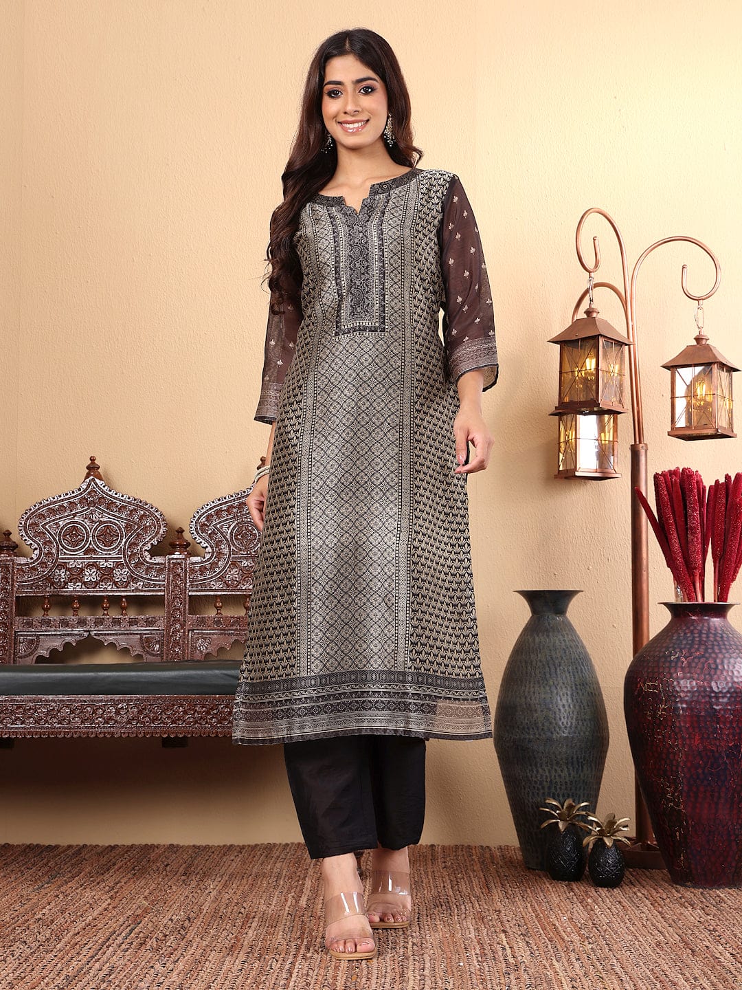 The Kurti Collection Women Chanderi Silk Geometric Printed Kurta Paired with Bottom and Dupatta