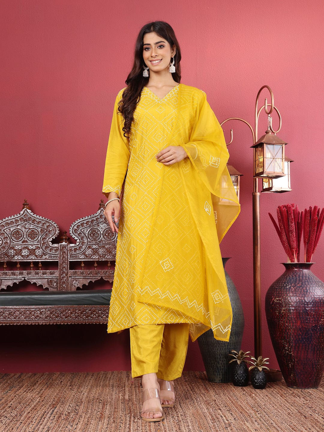 The Kurti Collection Women Hand Embroidered French Knot Kurta with Tonal Bottom and Embroidered Dupatta