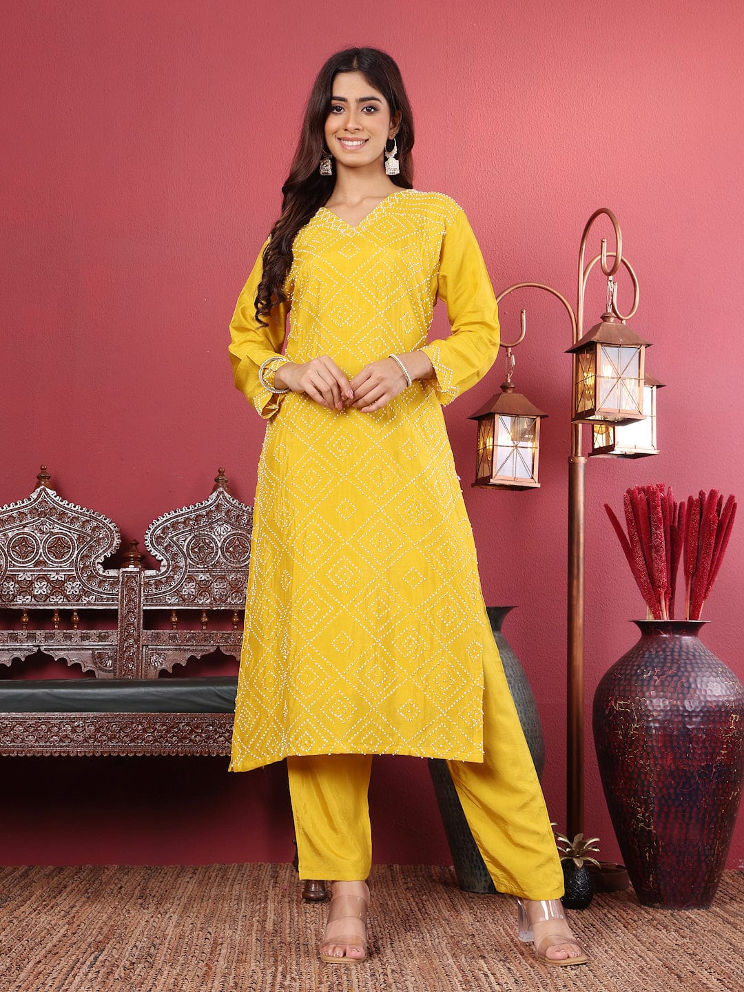 The Kurti Collection Women Hand Embroidered French Knot Kurta with Tonal Bottom and Embroidered Dupatta