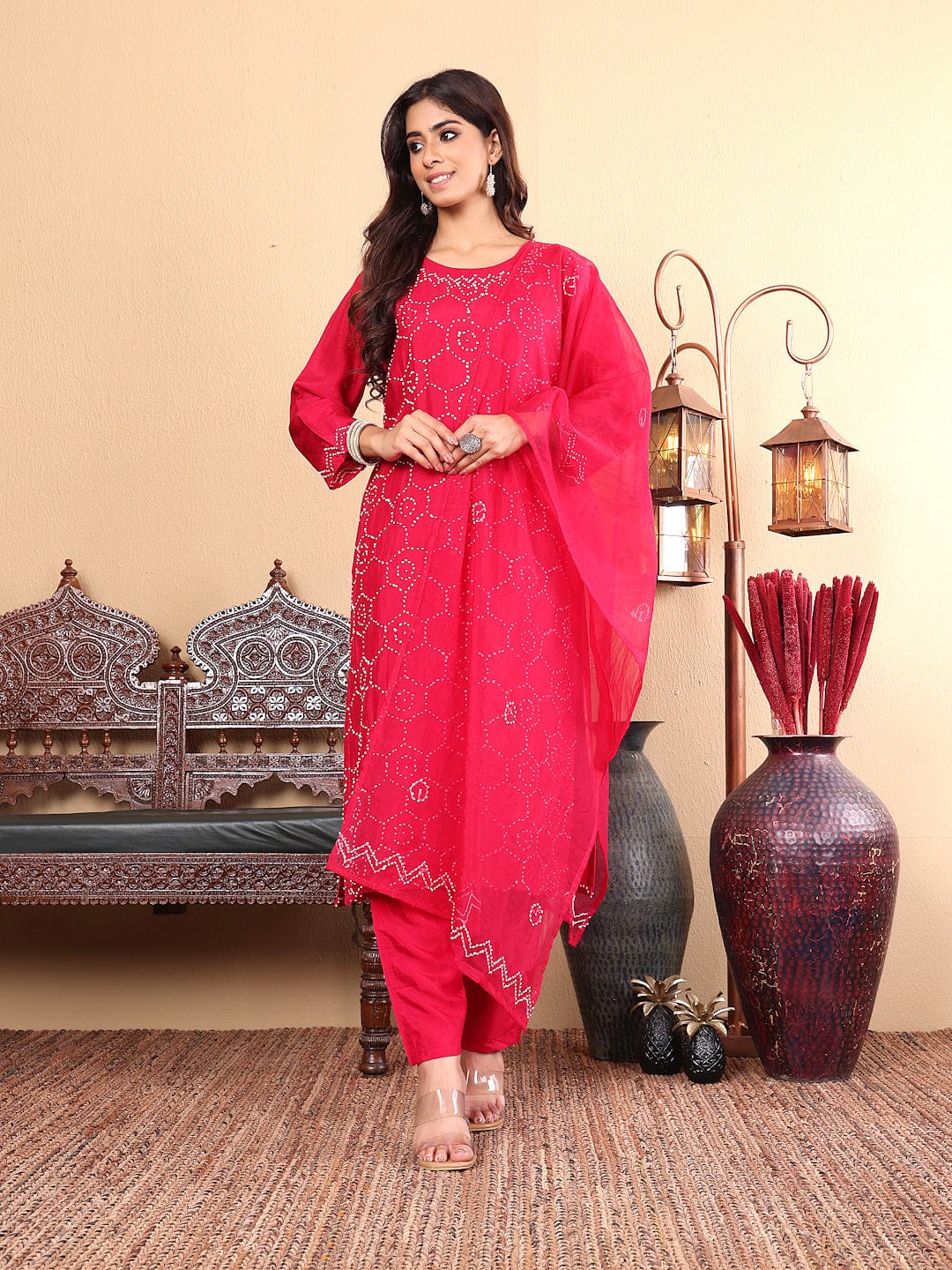 The Kurti Collection Women Hand Embroidered French Knot Kurta with Tonal Bottom and Embroidered Dupatta