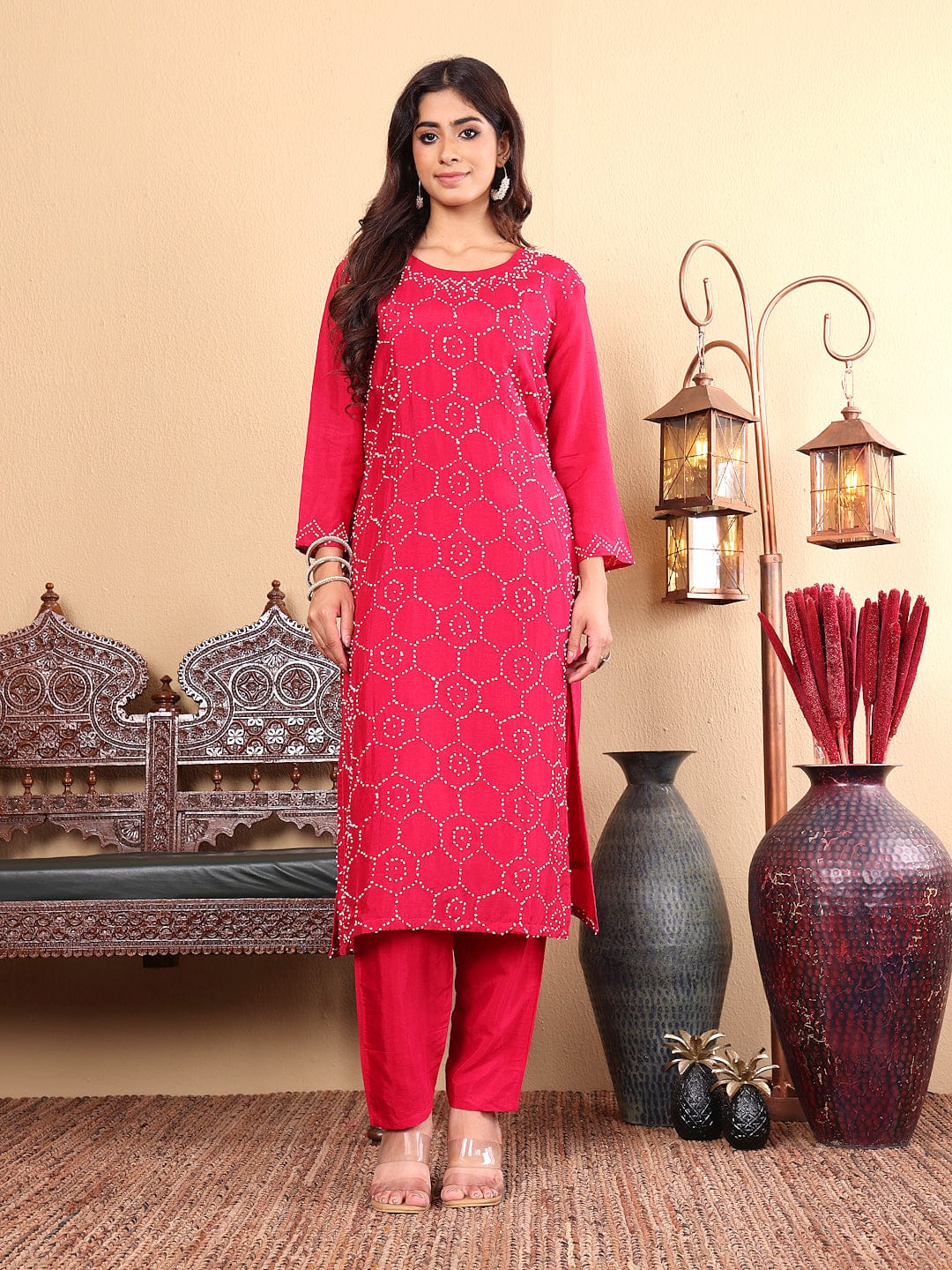 The Kurti Collection Women Hand Embroidered French Knot Kurta with Tonal Bottom and Embroidered Dupatta
