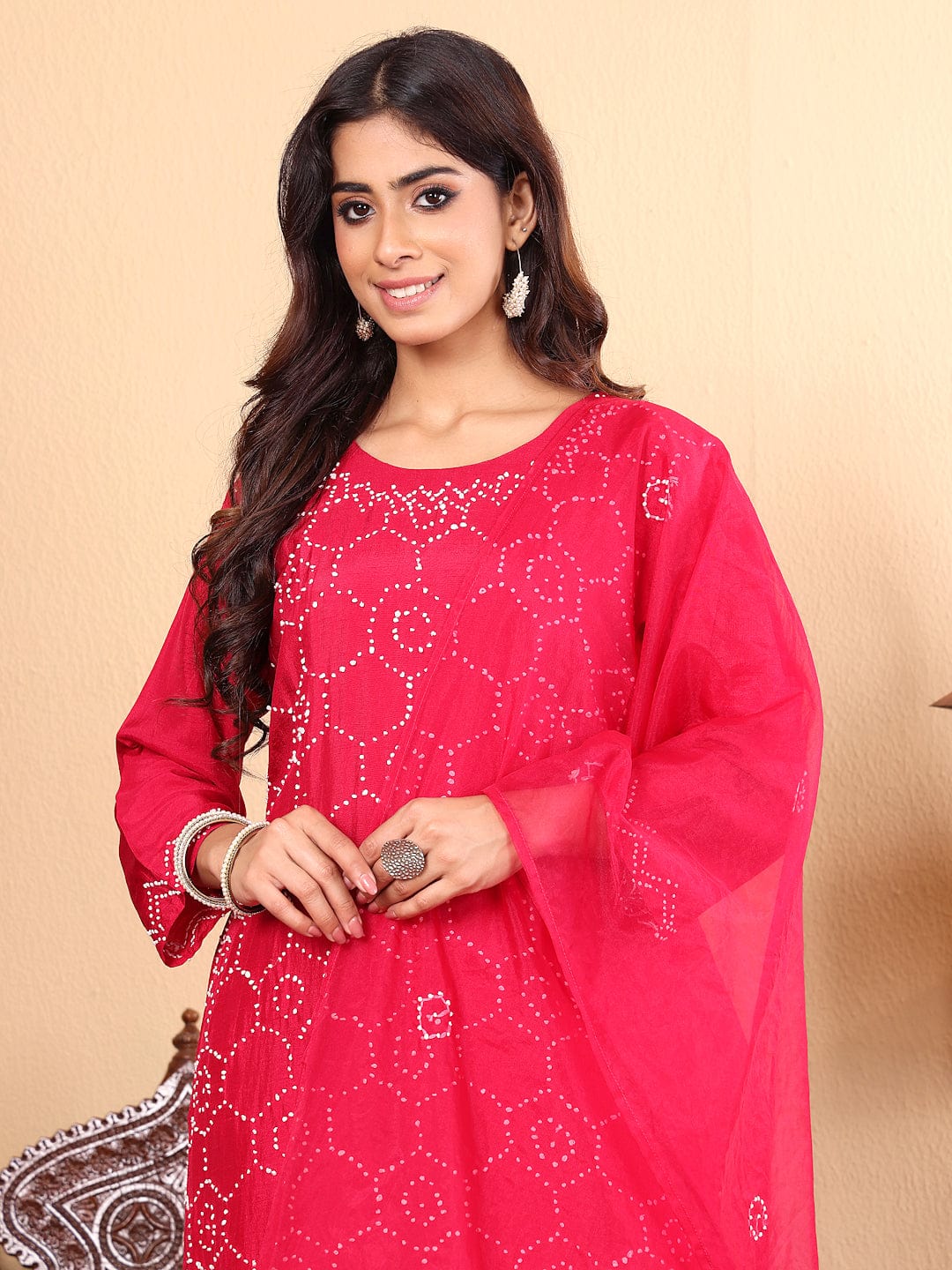 The Kurti Collection Women Hand Embroidered French Knot Kurta with Tonal Bottom and Embroidered Dupatta
