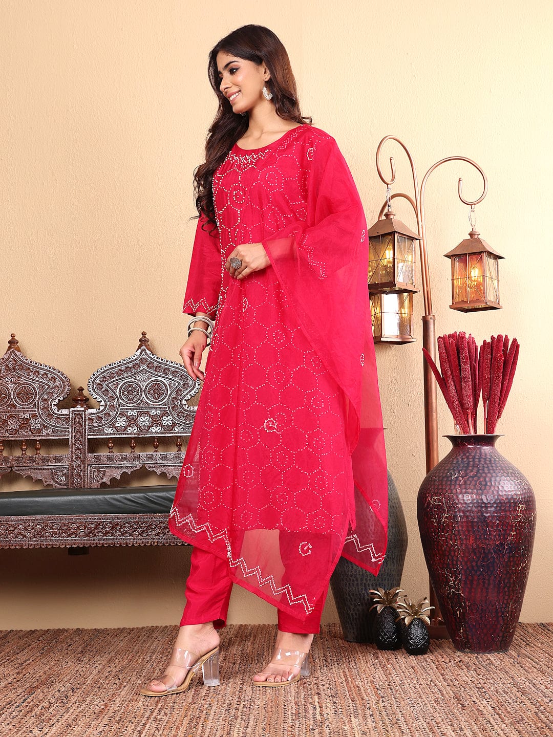 The Kurti Collection Women Hand Embroidered French Knot Kurta with Tonal Bottom and Embroidered Dupatta