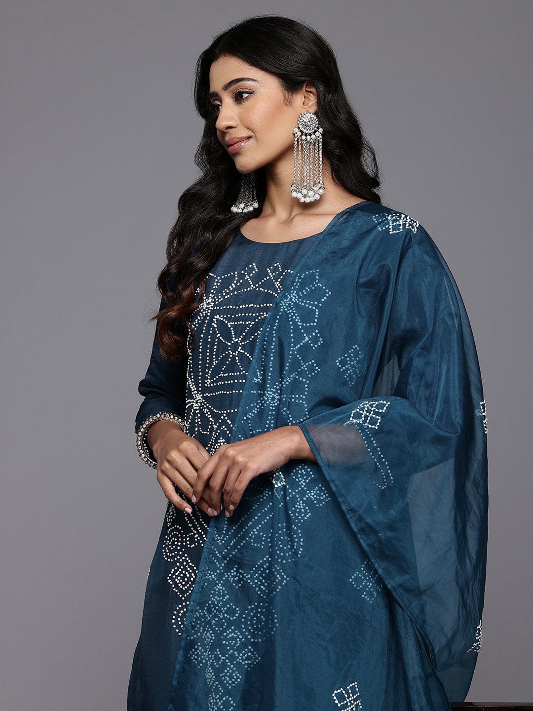 The Kurti Collection Women Navy Blue Hand Embroidered Straight Kurta with Trousers and Embroidered Dupatta.