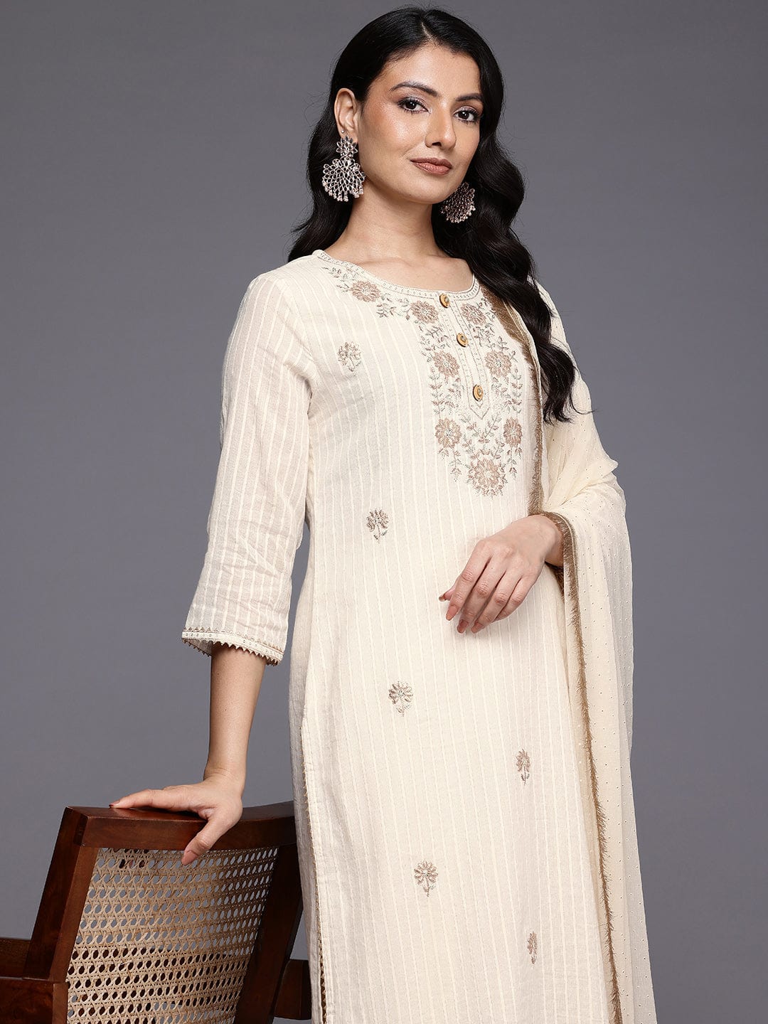 The Kurti Collection Women Off White Lurex Striped Zari Embroidered Sequins Embellished Kurta Set with Dupatta