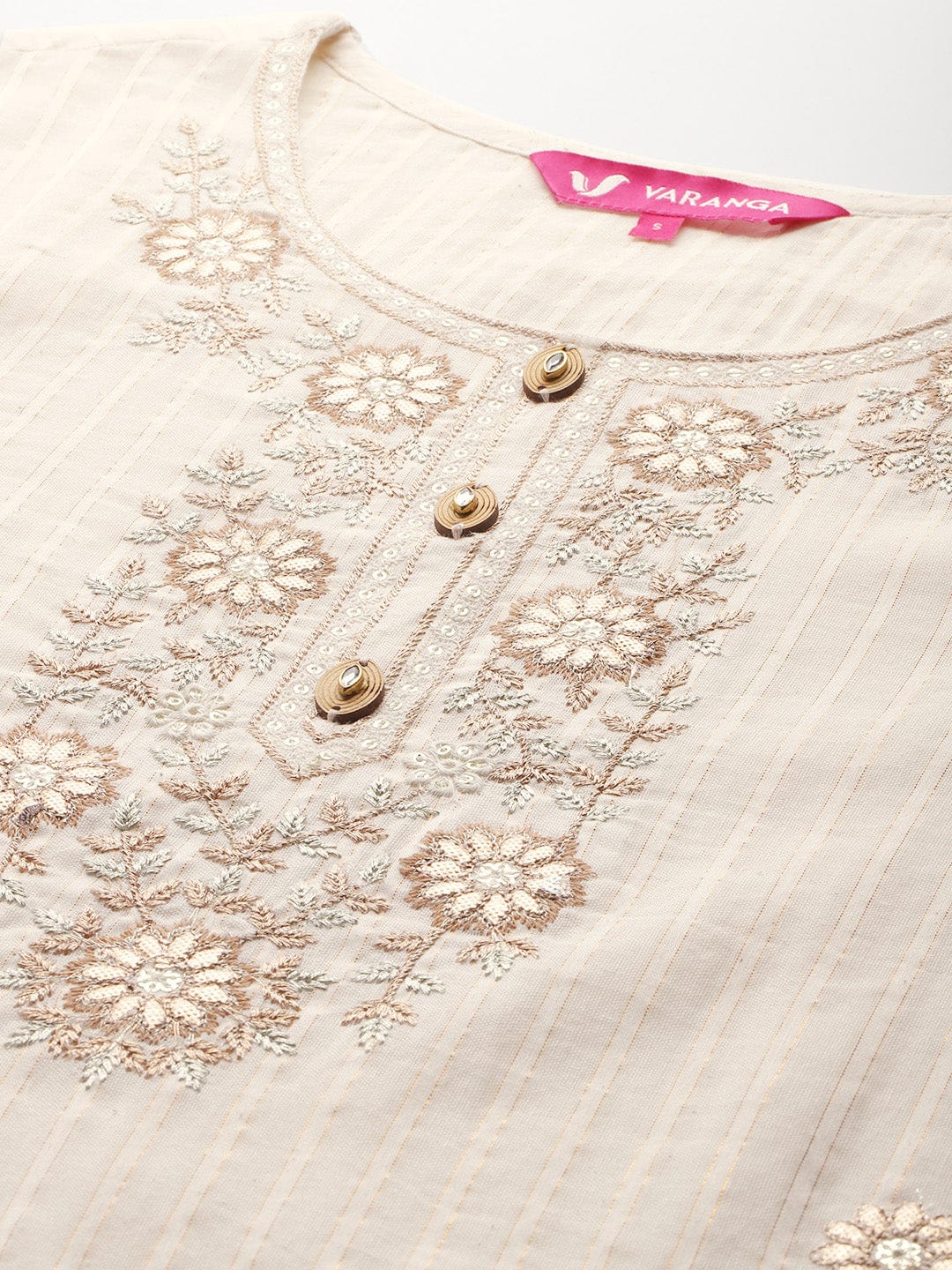 The Kurti Collection Women Off White Lurex Striped Zari Embroidered Sequins Embellished Kurta Set with Dupatta